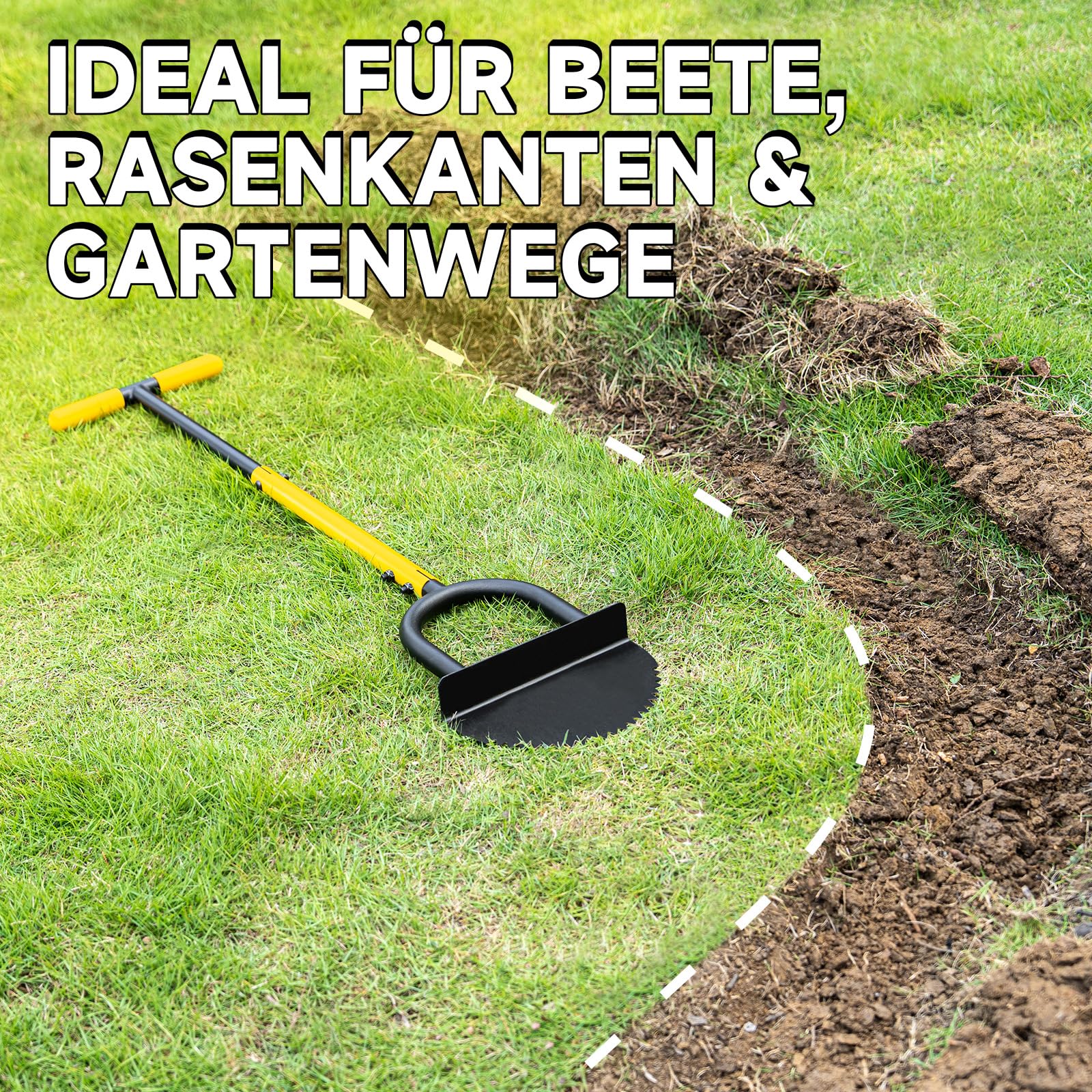 Manueller Rasenkantenstecher mit Verstellbarer Länge von 96–106 cm, Sägezahn-Kantenstecher mit breiter Trittfläche und Klinge aus Manganstahl, Gartenwerkzeug zum Abstechen von Beeten