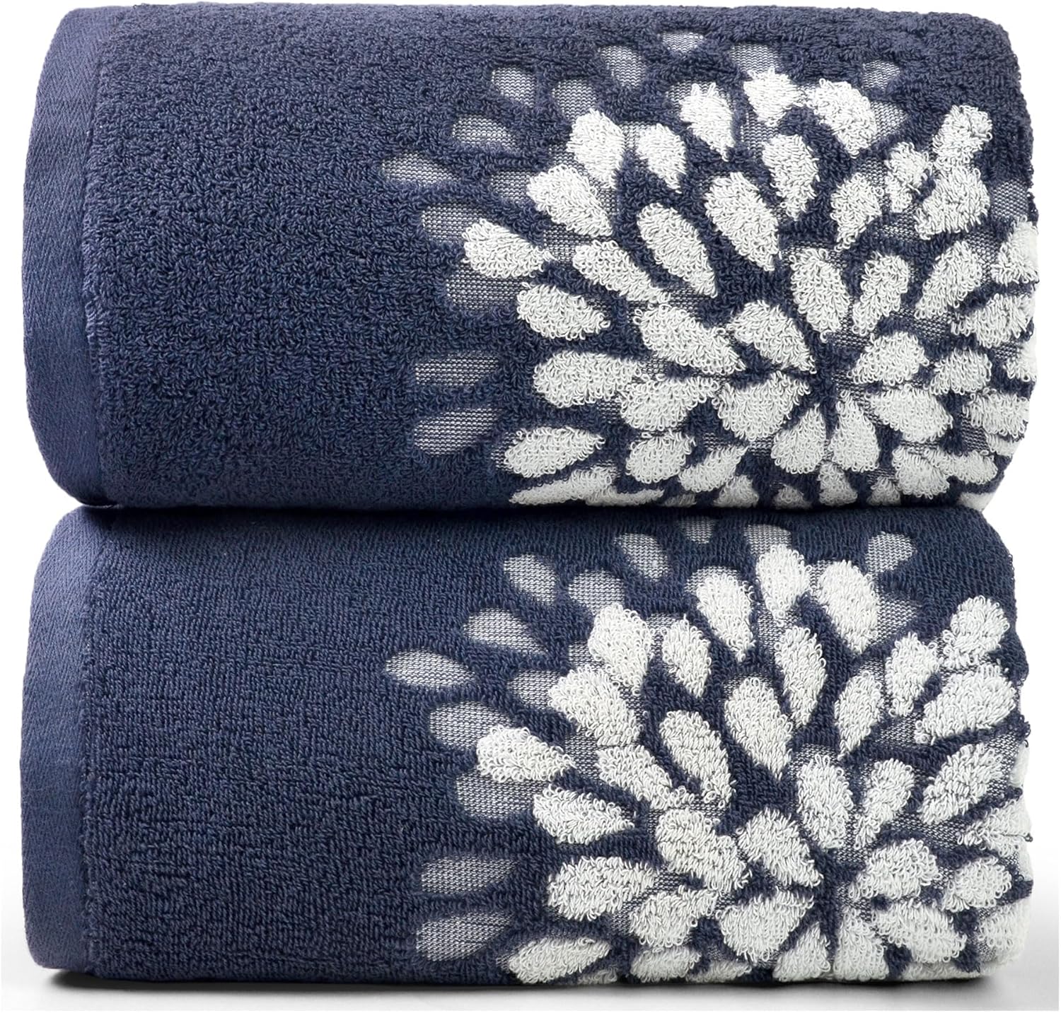 Cute Bath Towels Set of 2 (Denim Blue) - Large 55” x 28”, Decorative Hydrangea Floral Jacquard, Bathroom & Guest Room Decor, Cotton
