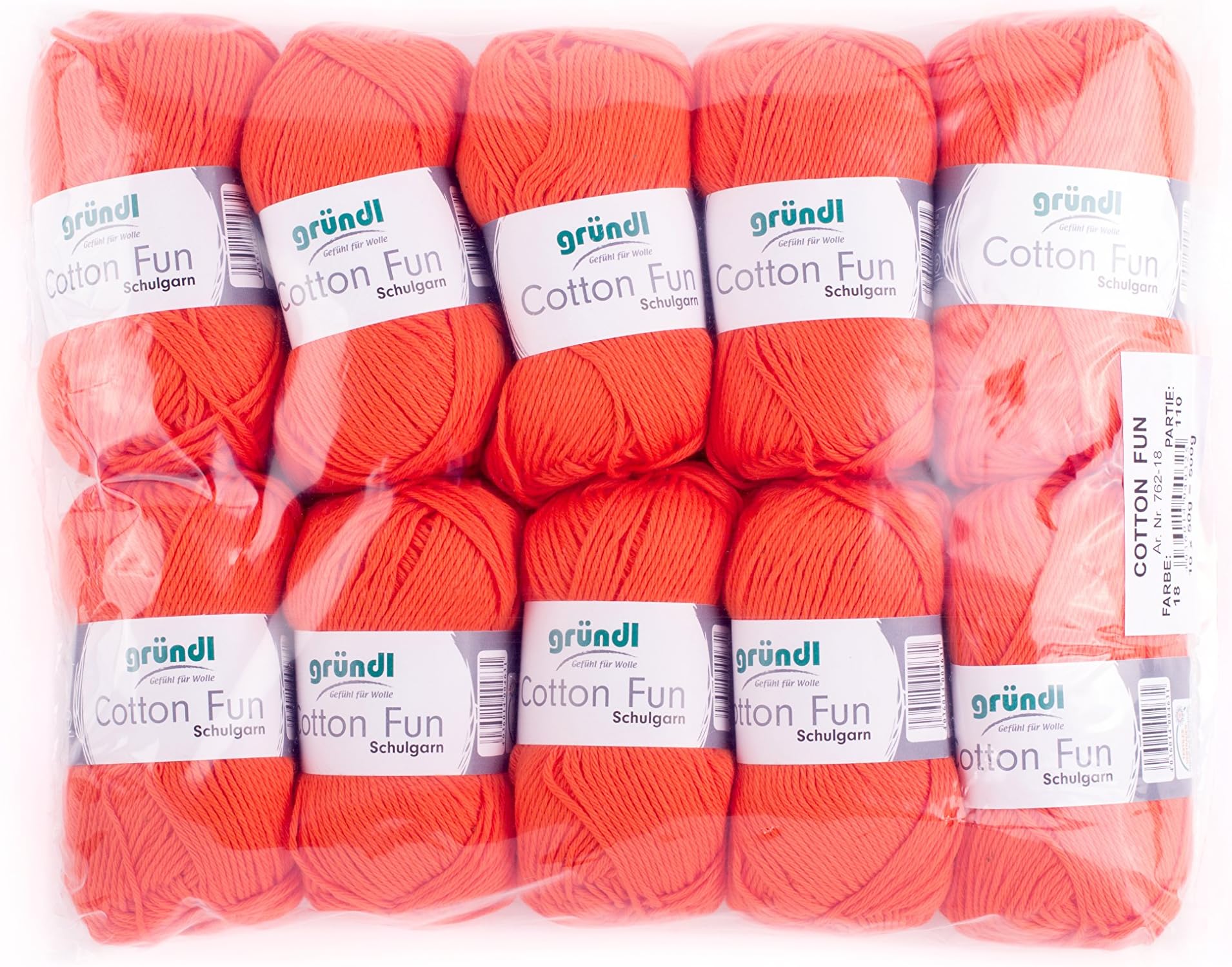GründlKnitwear/Crochet Yarn Cotton Fun (soft yarn made of 100% cotton, OEKO-TEX certified, 50 g/115 m, needle size 3-4, 10 balls of 50 g each), Orange