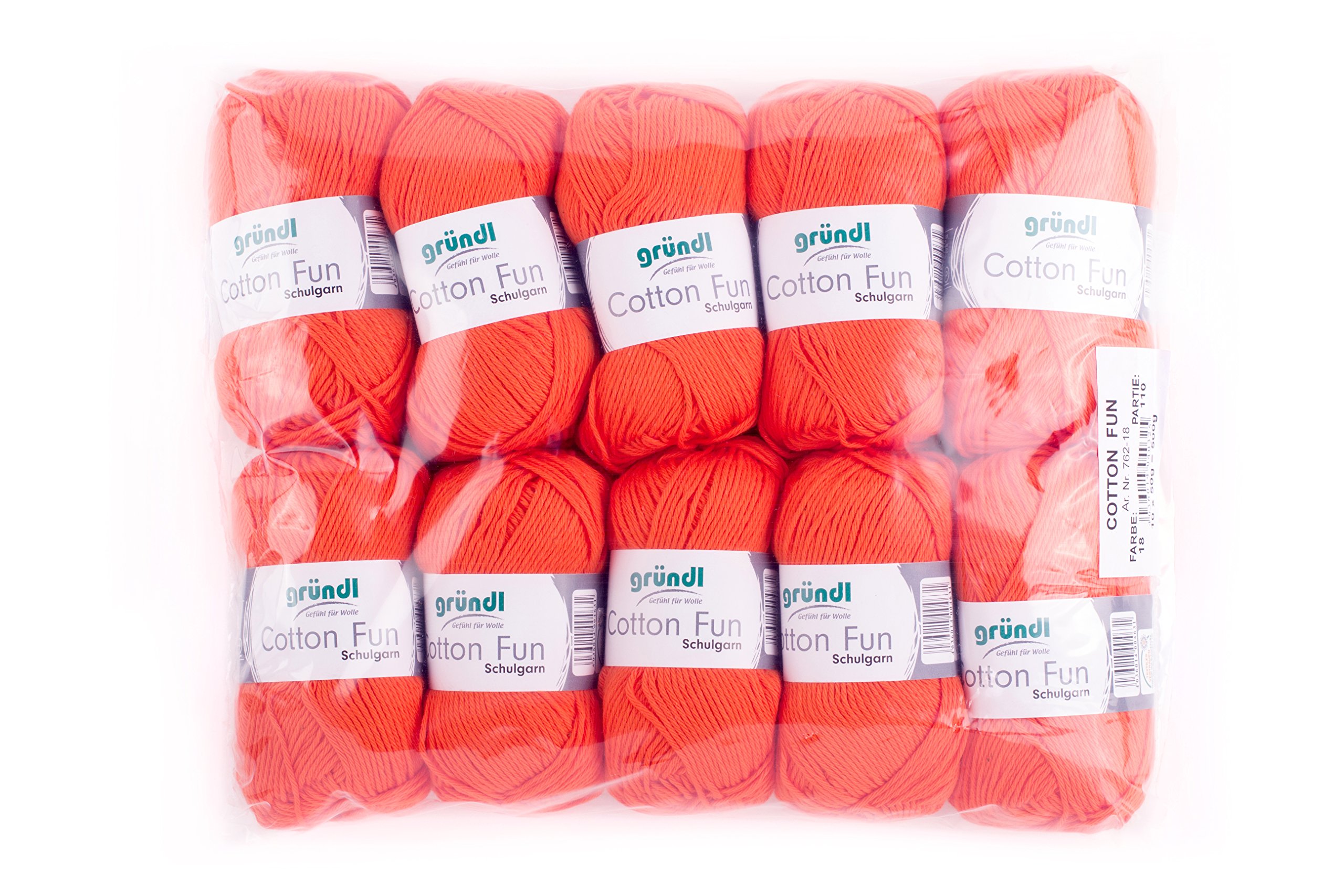 GründlKnitwear/Crochet Yarn Cotton Fun (soft yarn made of 100% cotton, OEKO-TEX certified, 50 g/115 m, needle size 3-4, 10 balls of 50 g each), Orange