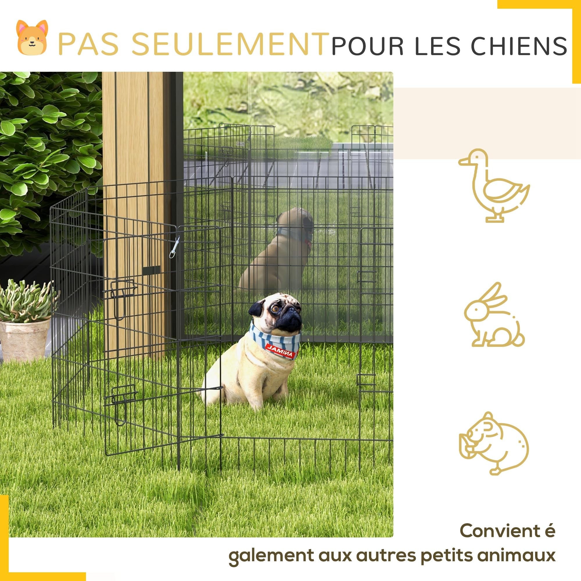 PawHut Parc enclos modulable pour Chiens Lapins rongeurs clôture pour Petits Animaux intérieur et extérieur Pliant 1 Porte verrouillable 8 Panneaux en Fil de métal 61 x 76 cm Noir