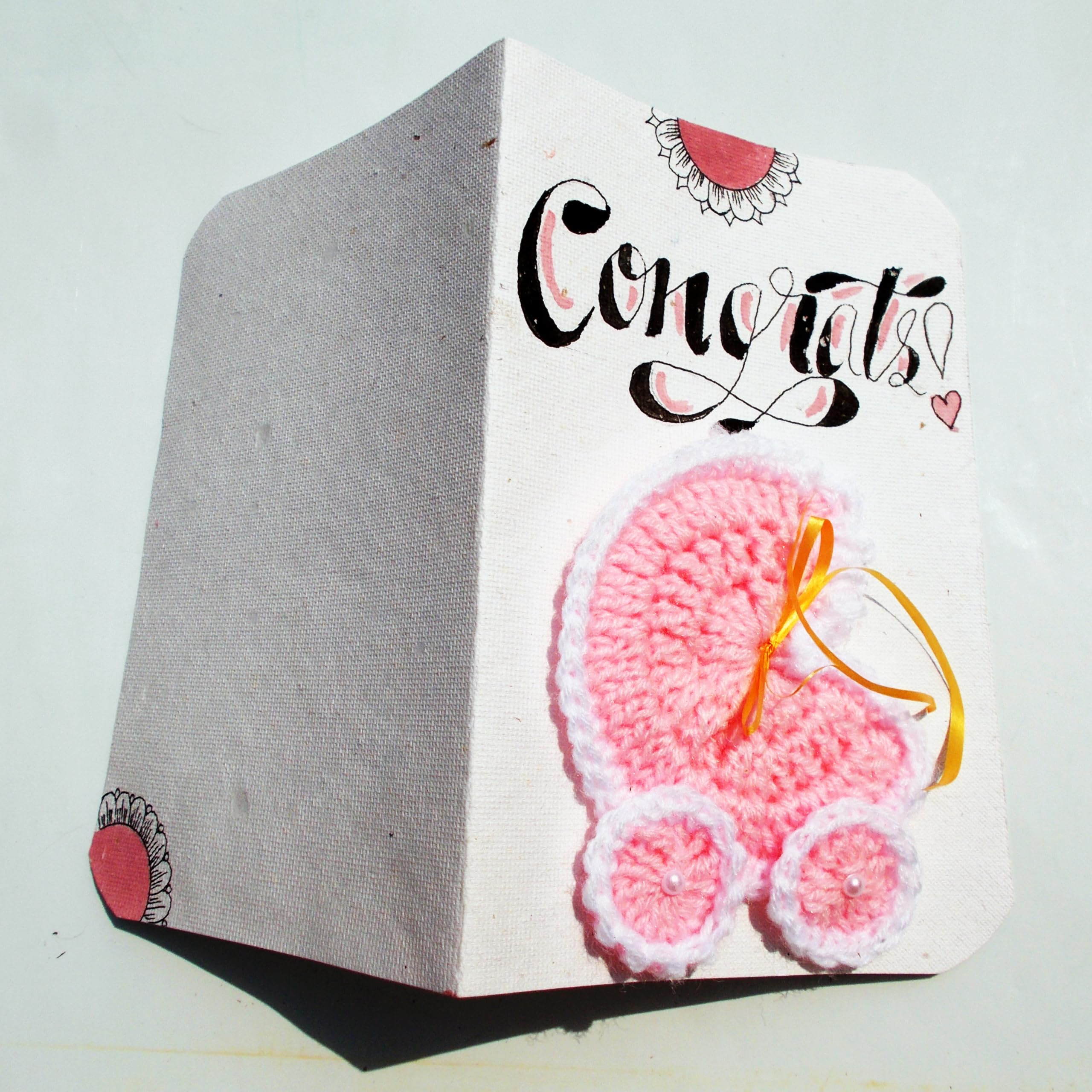 SKAISTA Congrats Greeting Card For New Born Parent Boy Girl Baby Shower Handlettered with Handknitted Stroller Pram Crocheted Concept Handmade Note With Envelope Congratulations (Pink) 3