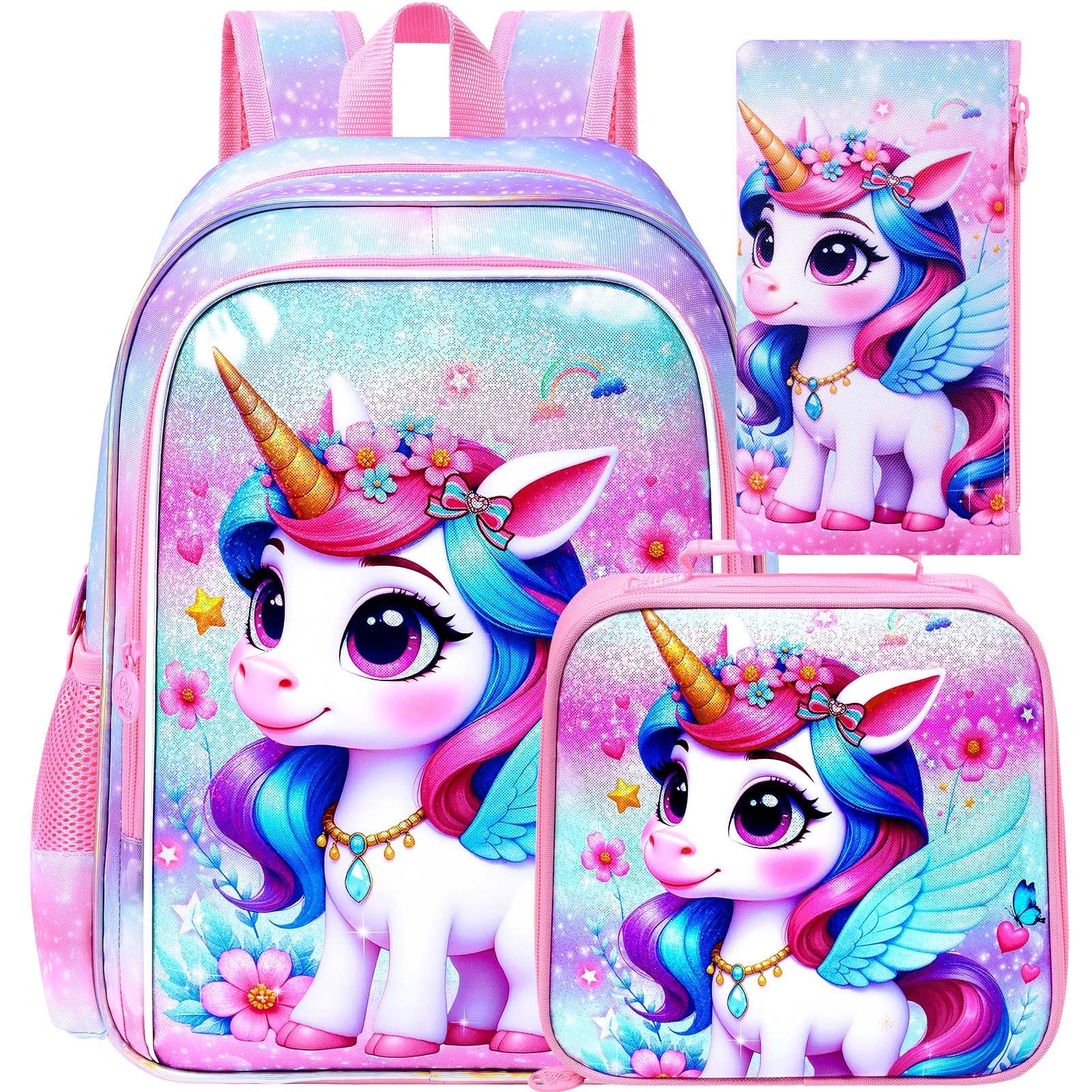 CCJPX 3Pcs Unicorn Backpack for Girls, 16" Kids Bookbag with Lunch Box, Cute Water Resistant Schoolbag for Preschool Kindergarten Toddler(Purple)