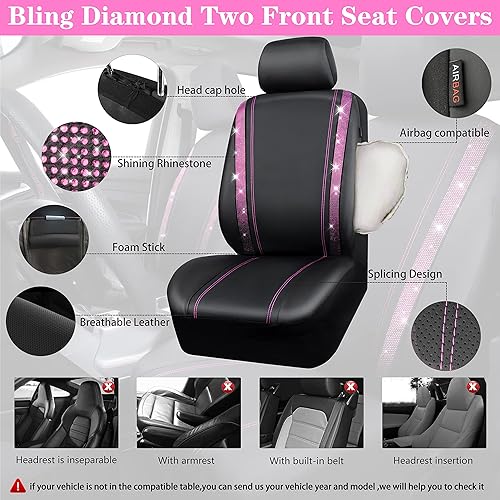 Miniatura 123 de CAR PASS Funda de asiento trasero de cuero y diamantes de imitación brillantes, impermeable, diseño de diamante brillante, ajuste universal, tiras