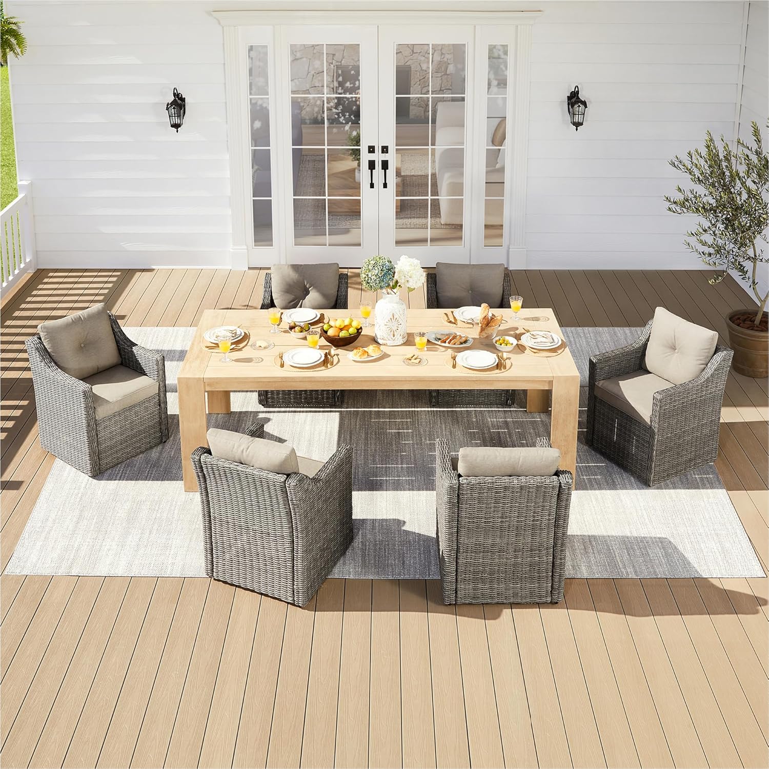 CHITA Wicker Patio Dining Chairs with Casters Set of 2, Outdoor Rattan Chairs with Thickened Cushions and Rollers for Backyard, Poolside, Garden or Porch(Brownish Grey Cushions with Grey Wicker)