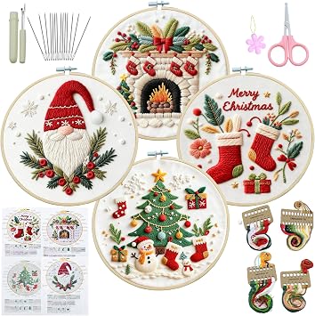 QCCTPUU 4 Sets Christmas Embroidery Kits, Beginner Embroidery Kit for Adults, Cross Stitch Kits for Beginners with Hand Embroidery ToolsInstructions, Needles, Threads
