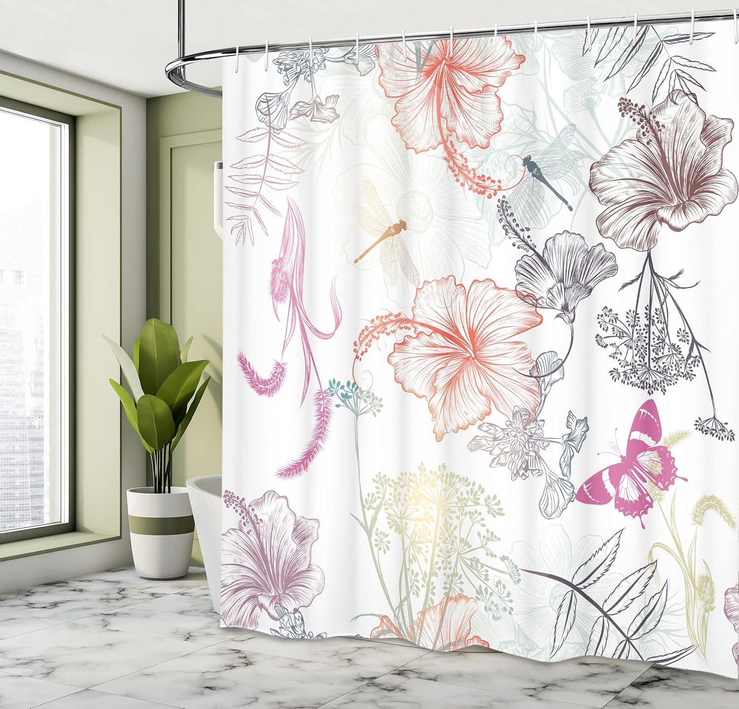 Ambesonne Dragonfly Shower Curtain, Floral Design Hibiscus Ornaments Moth Dragonfly Symbolic Transformation Creature, Cloth Fabric Bathroom Decor Set with Hooks, 69" W x 84" L, Soft Blue Purple White