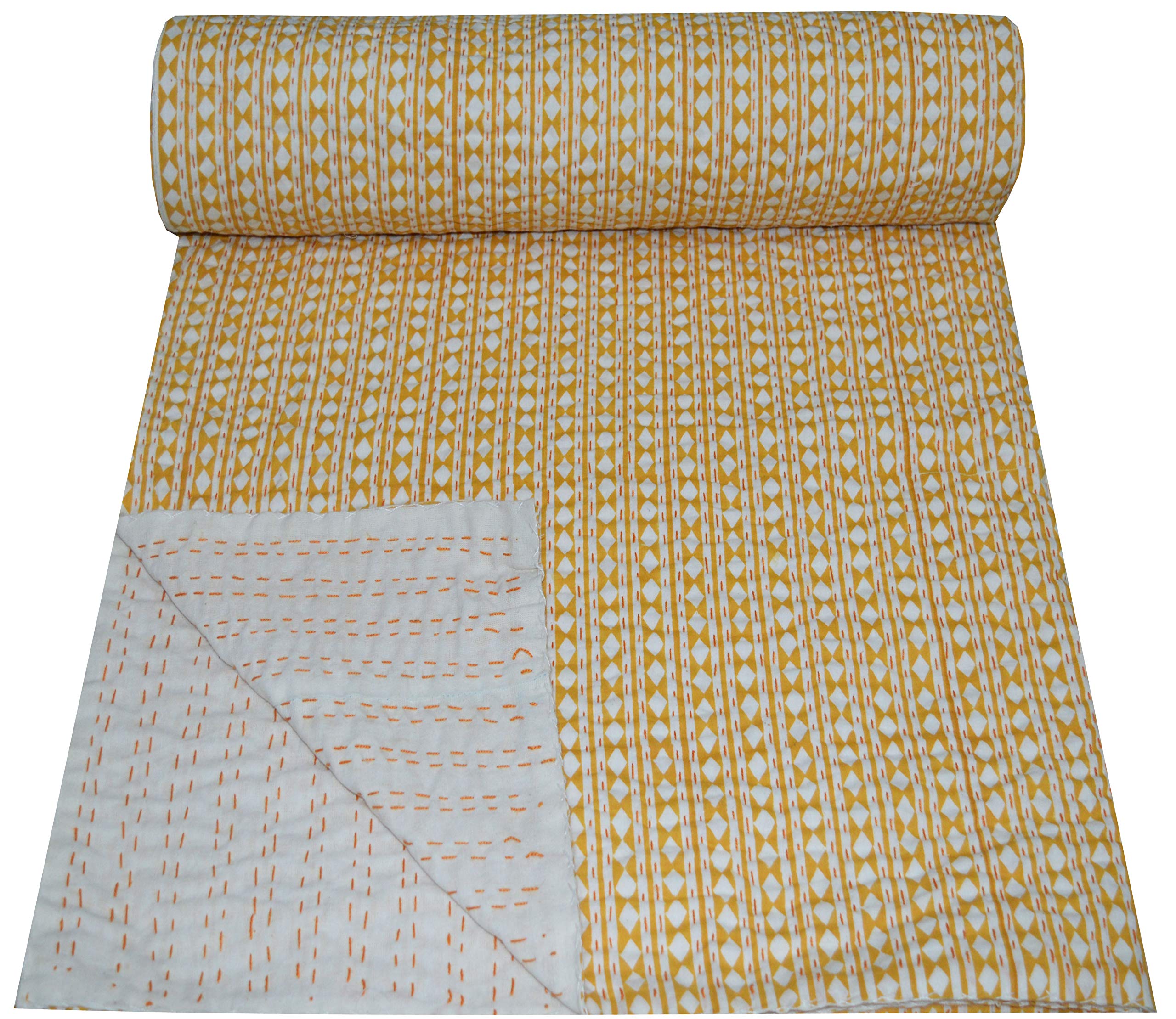 V Vedant Designs Indian Hand Block Cotton Twin Polka Dot Print Bedspread Bohemain Bedding Kantha Gudari (Yellow Colour)