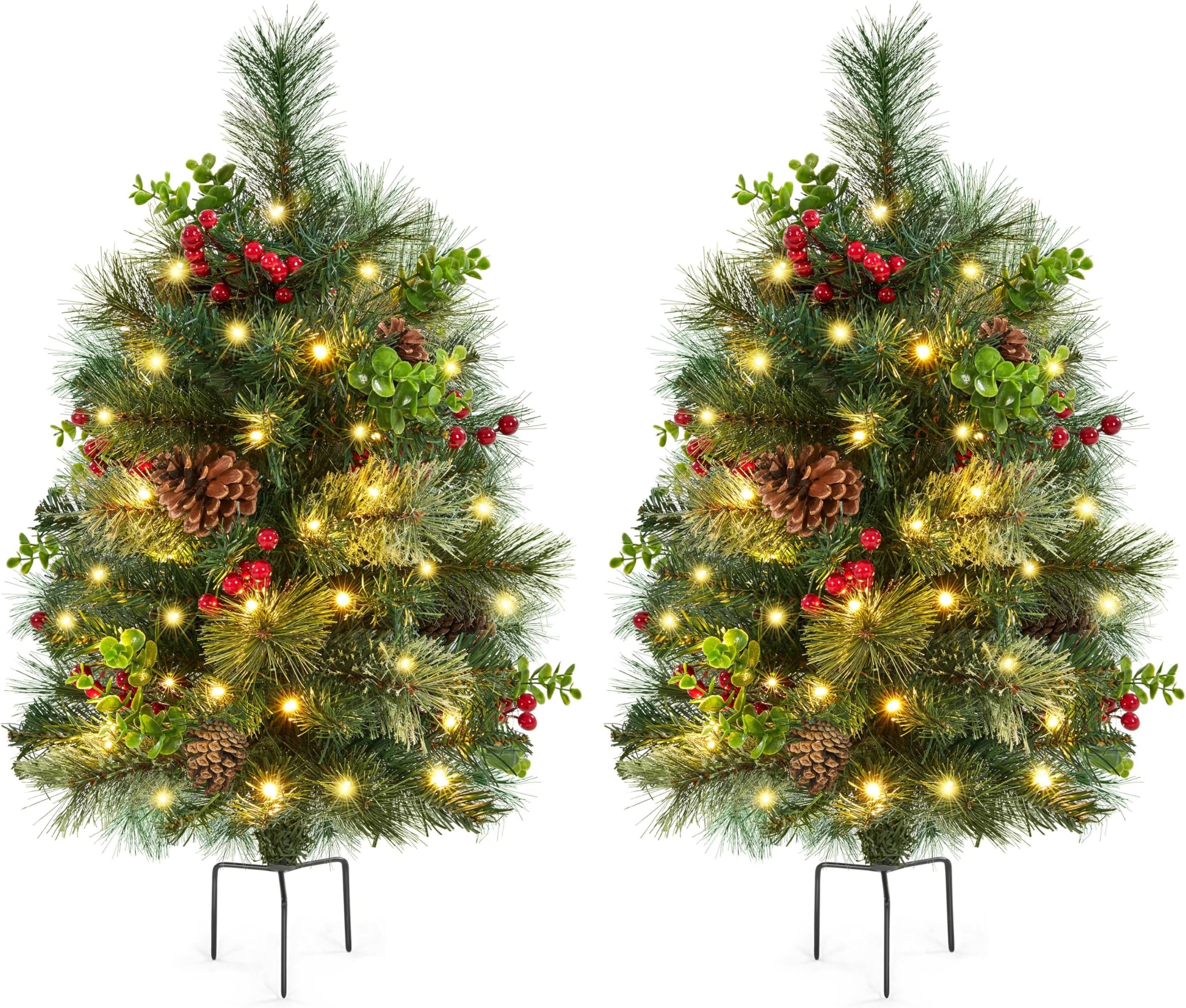 Yaheetech2Pcs Pre-lit Mini Christmas Trees,2FT Artificial Christmas Tree with Stakes for Driveway, Yard, Garden,Pathway Christmas Tree with LED Lights, Red Berries, Pinecones,Green