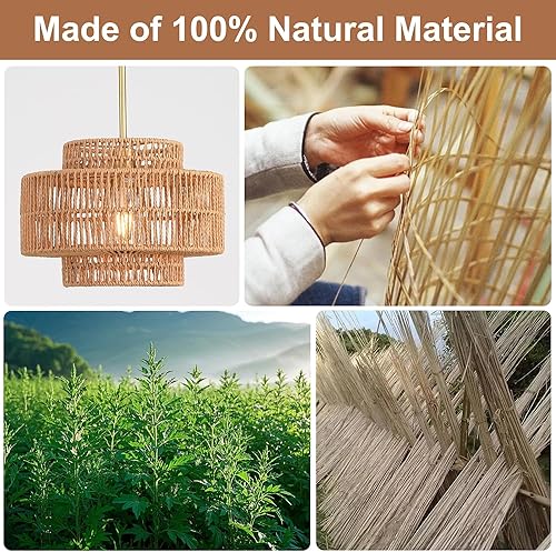 Miniatura 3 de Lámpara Colgante de Ratán de 12.4", Luminaria de Araña Boho de 1 Luz, Luminaria de Techo Colgante de Ratán Estilo Granja para Comedor, Sala de