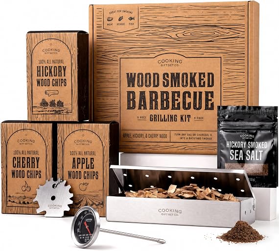 Grilling Accessories BBQ Smoker Box Grill Kit - Stainless Steel Smoke Box for Gas Grill and Charcoal with Wood Chips, Meat Thermometer and Scraper - Complete Outdoor BBQ Accessories Gift Set for Men