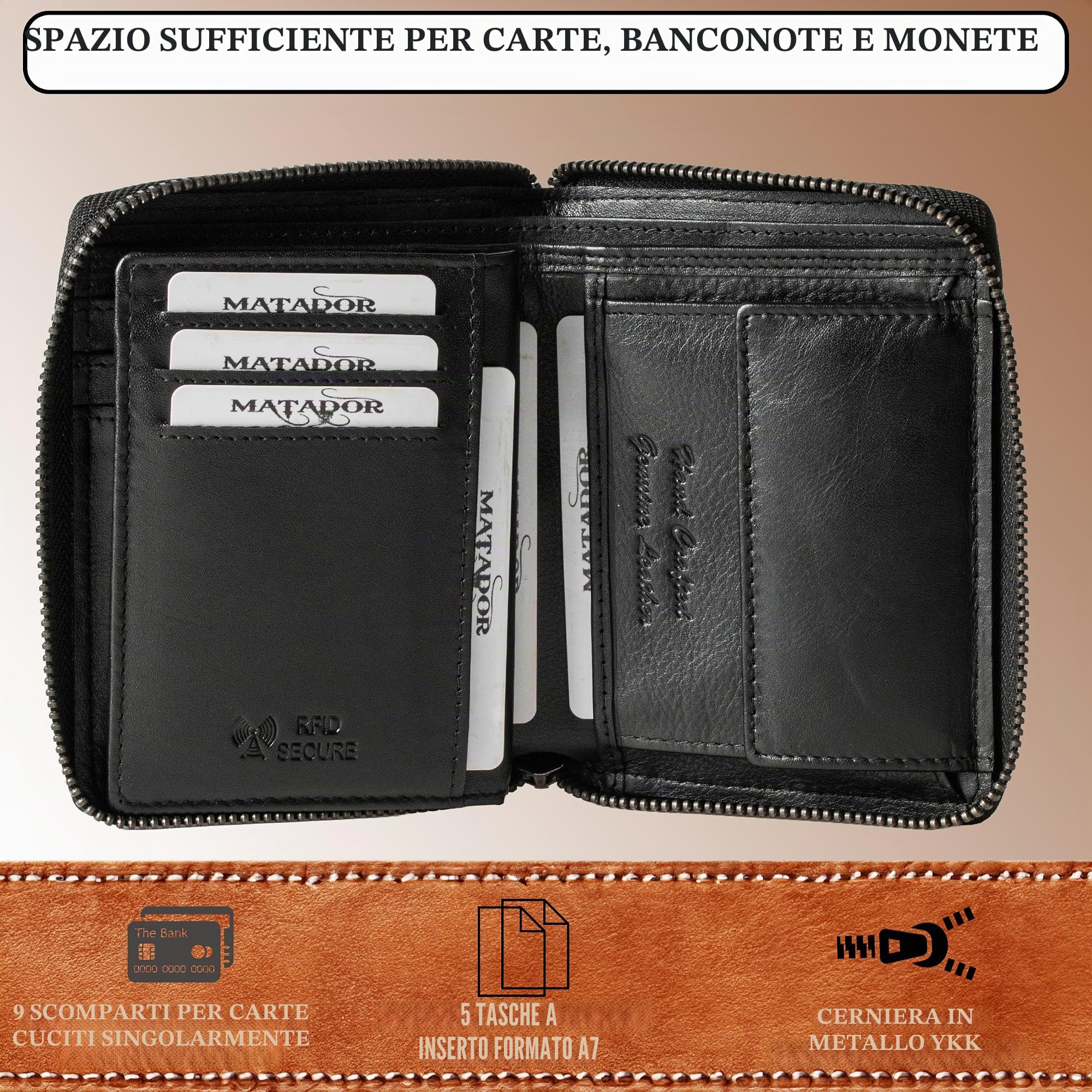 Matador Portafoglio Uomo Nero Pelle #CORDOVA | Nobile Scatola Regalo, Lusso, Protezione RFID, Con Cerniera, Molti Scomparti per Carte, in Nappa