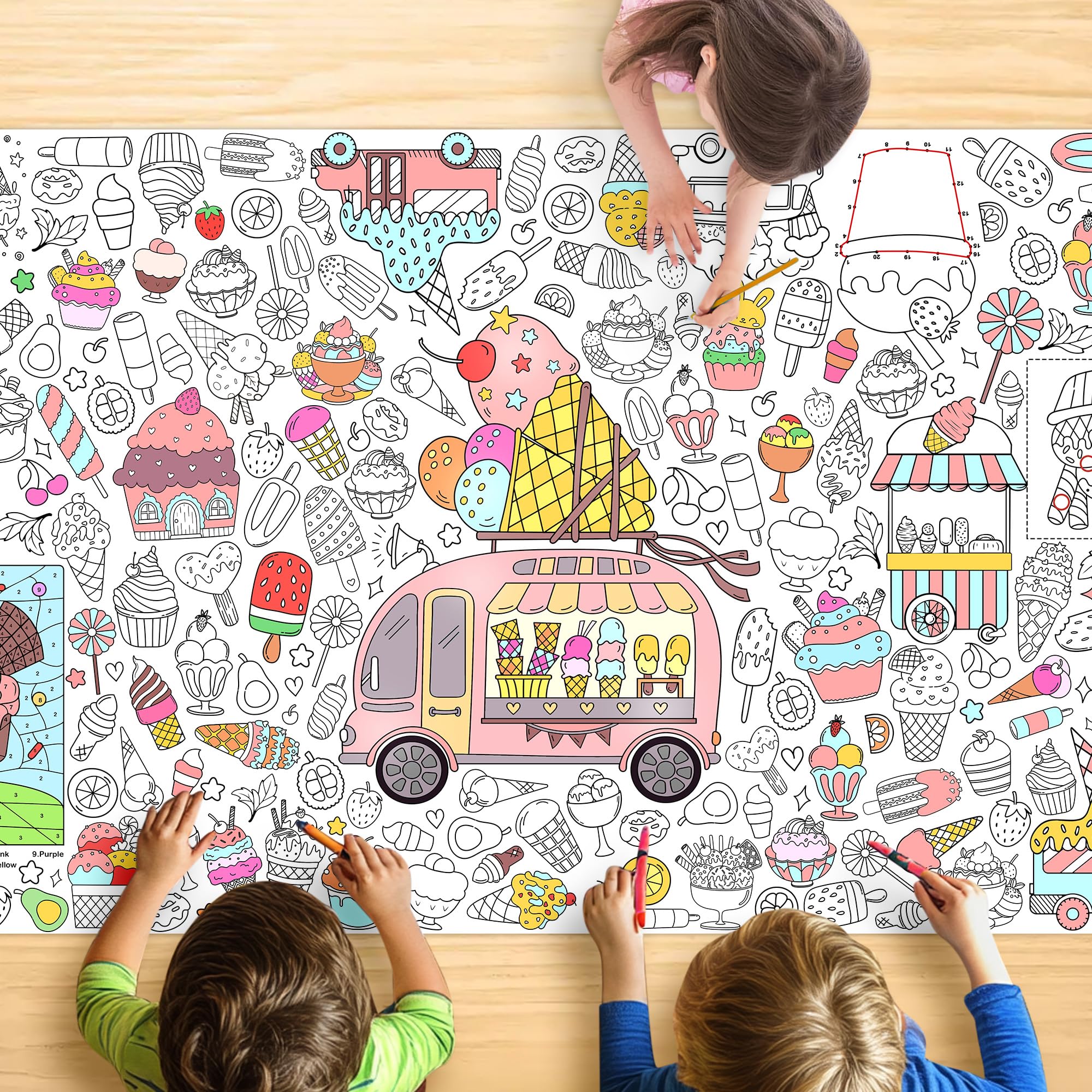 Ice Cream Coloring Tablecloth for Kids, Fun 30x72 Inch Poster with Ice Cream Van, Cones, Sundaes, Perfect for Girls Dessert Party Games, Candy Decorations, Classroom Fun, Event Supplies