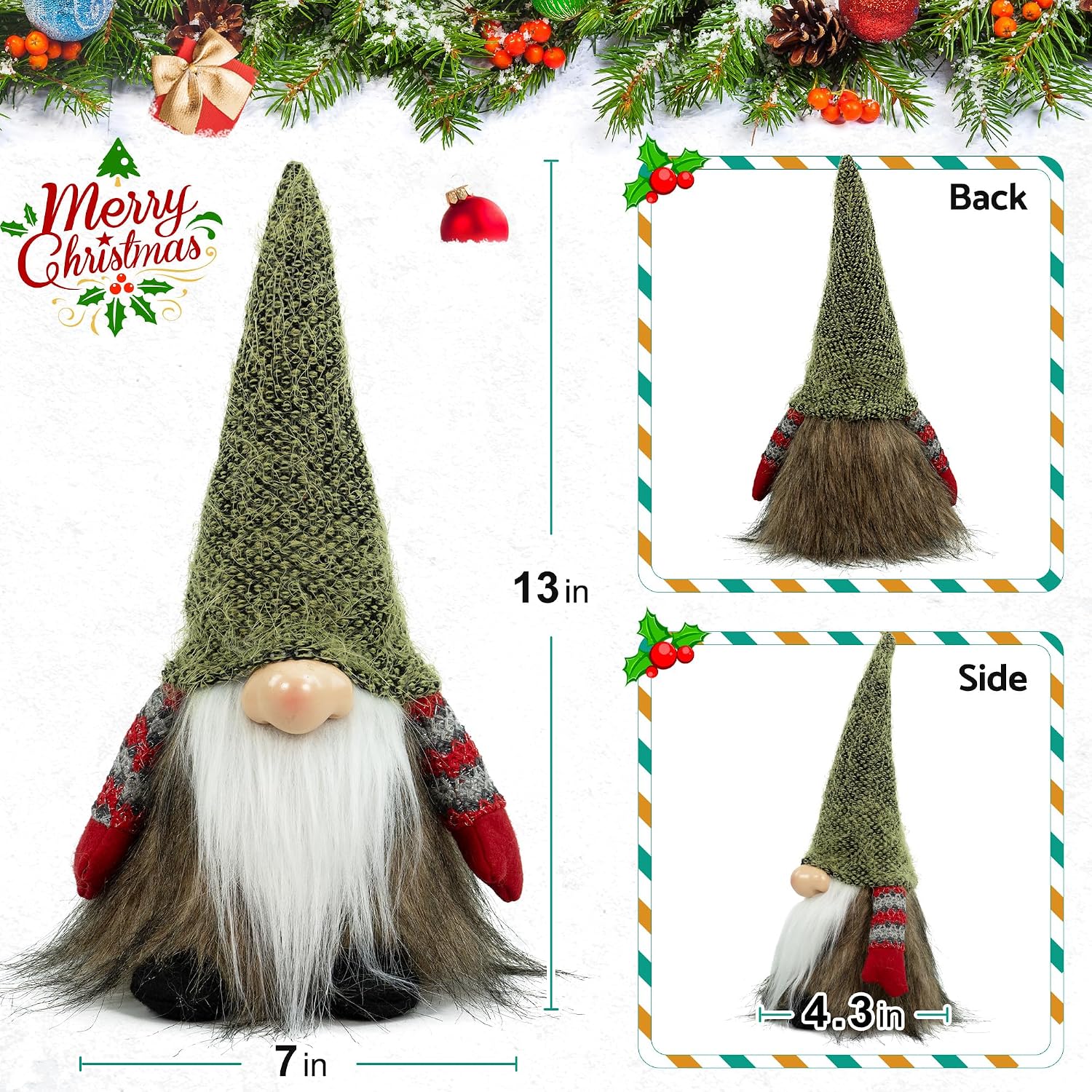 Gnome Christmas Decorations, Gnome Ornaments Swedish Tomte Elf Stuffed Dwarf, Indoor Holiday Plush Decor for Home Mantel Shelf Table Window Apartment Kitchen Party Gifts