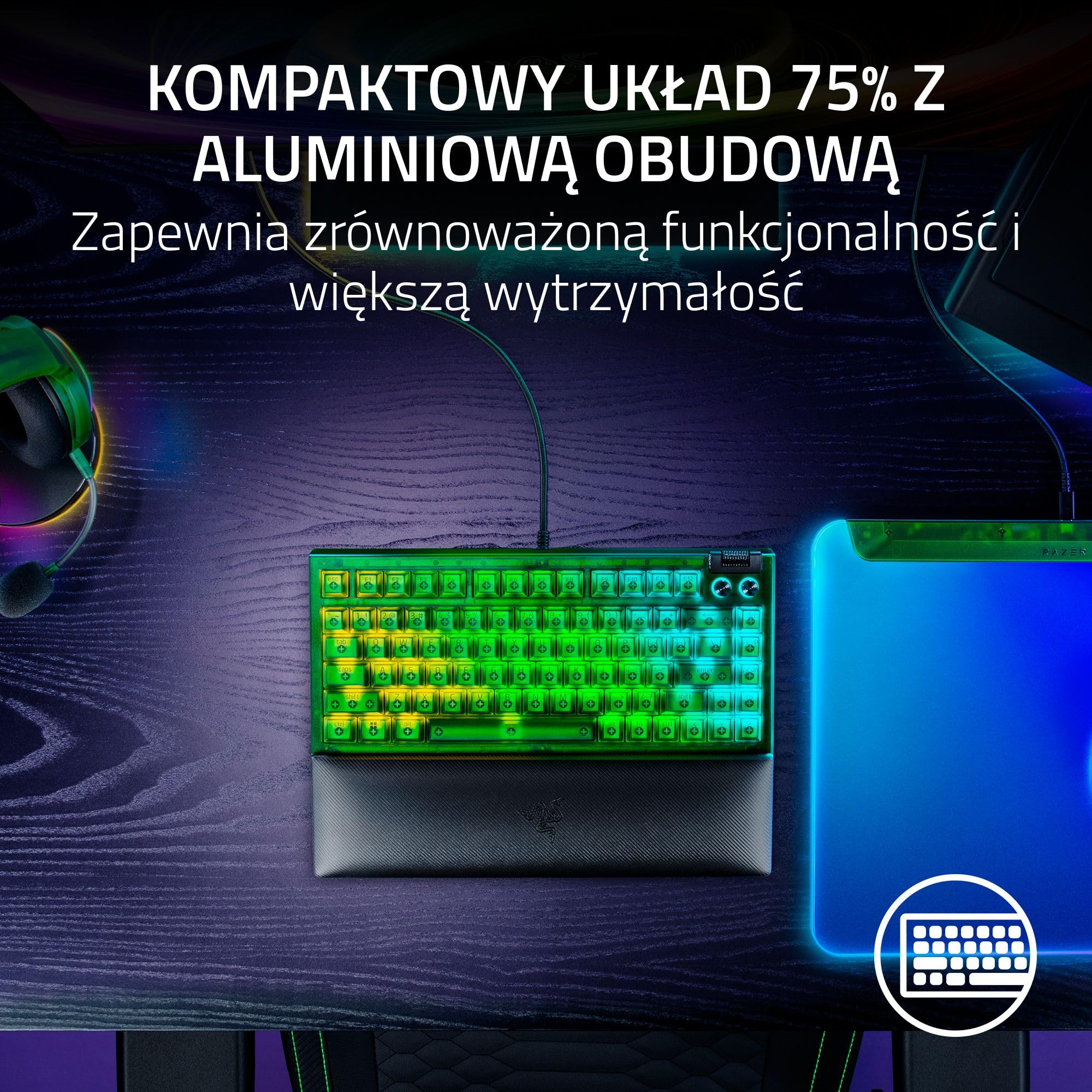 Razer BlackWidow V4 75% Phantom Green Edition - mechanicznej klawiatury do gier z możliwością wymiany podczas pracy (przełączniki dotykowe, rolka multimedialna) Układ US | Phantom Green