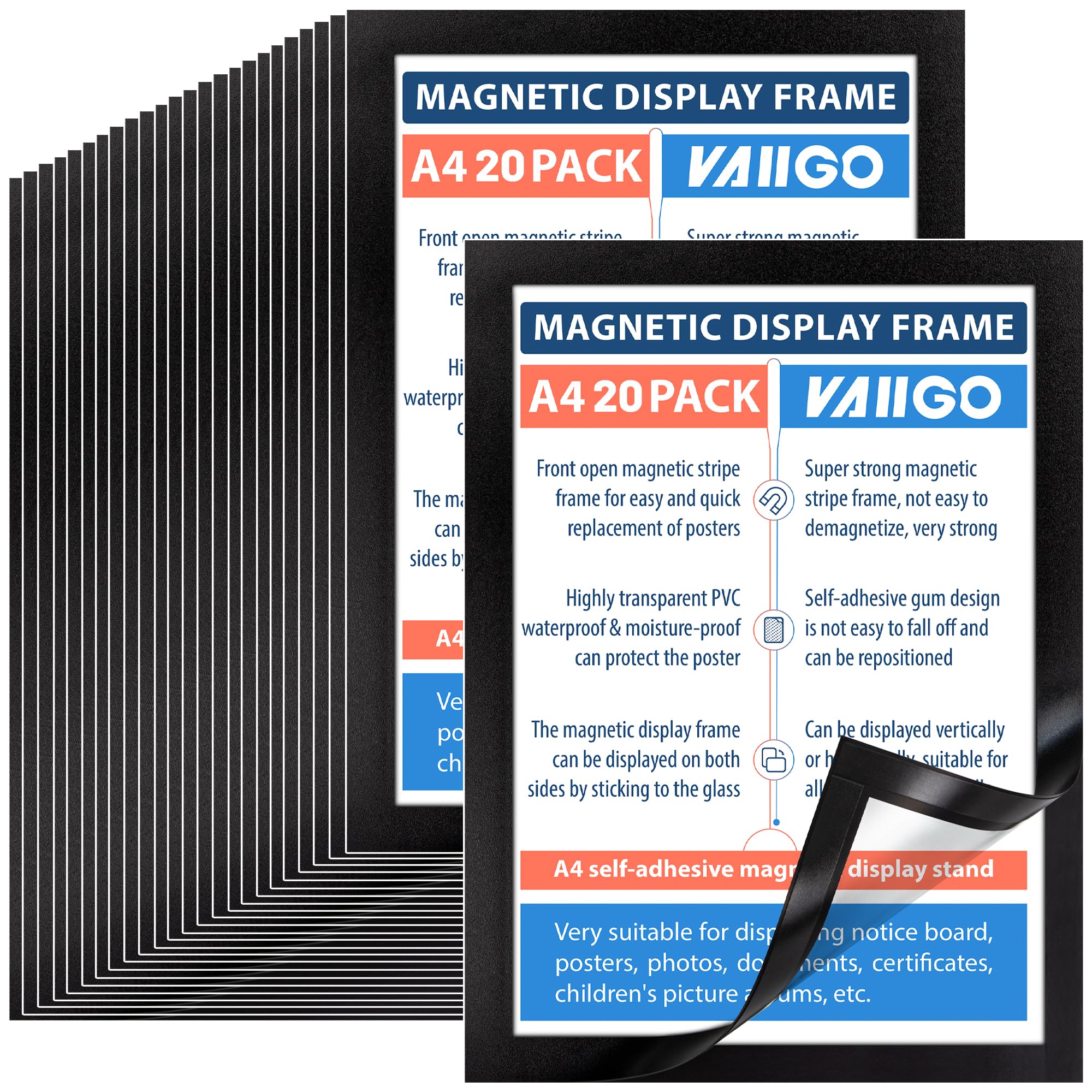 VAIIGO 20Pcs Magnetic Frames A4, Self Adhesive Magnetic Display Frame, Window & Door Sign Holders for Poster Ads Notices Documents Pictures, Black — image 1