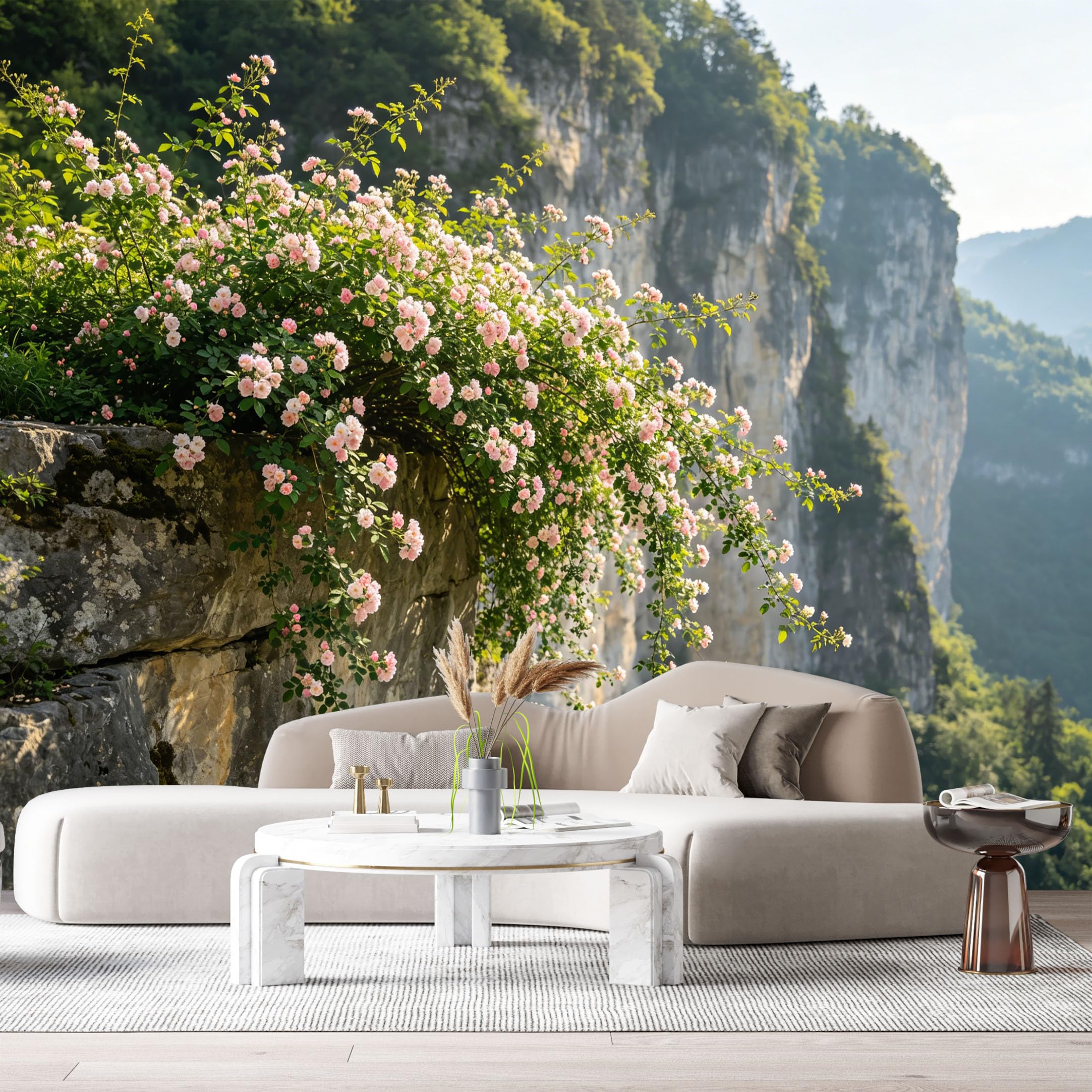 Custom Size Wall Murals Mountain Cliff Landscape Botanical Pink Flower Bloom SelfAdhesive Wall Fabric Removable Large Wallpaper for Photo Living Room