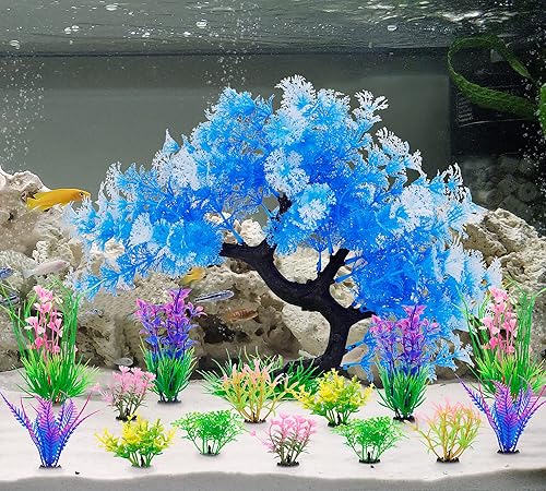 Miniatura 5 de MyLifeUNIT Fish Tank Decorations 15 Pack Artificial Aquarium Plants Tree Set for Fish Tank Decor Bule Set