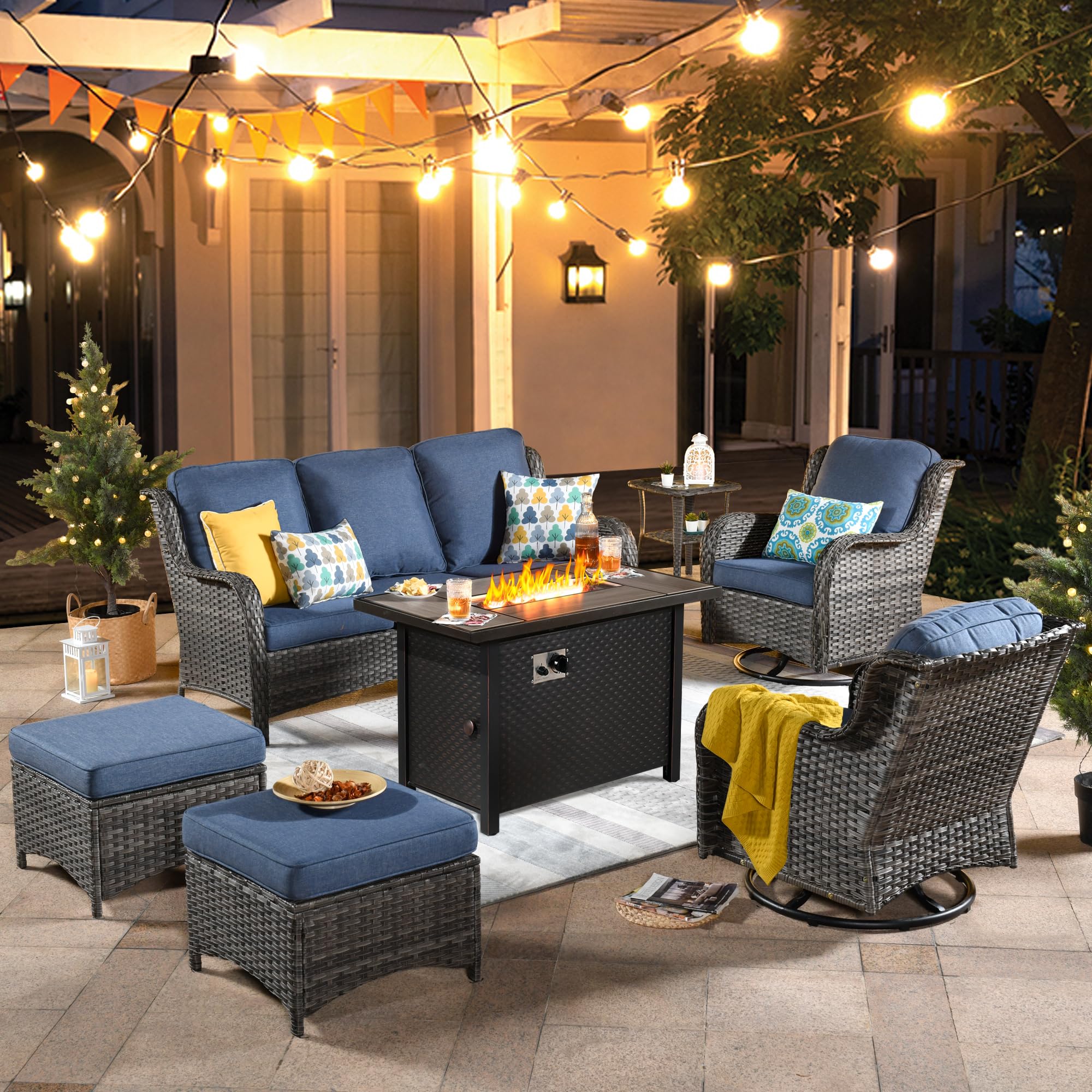 ovios 7 Pieces Patio Furniture Set with 42 inch Fire Pit Table, Outdoor Wicker Sofa Couch Swivel Rocking Glider Chairs, Modern Luxury Conversation Set, Grey Rattan, Denim Blue