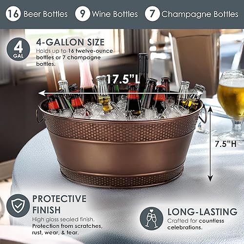Miniatura 5 de BREKX Bañera galvanizada para fiestas, cubo de bebida ovalado con asas, cubo enfriador de vino con acabado de cobre Colt para bar en casa (15