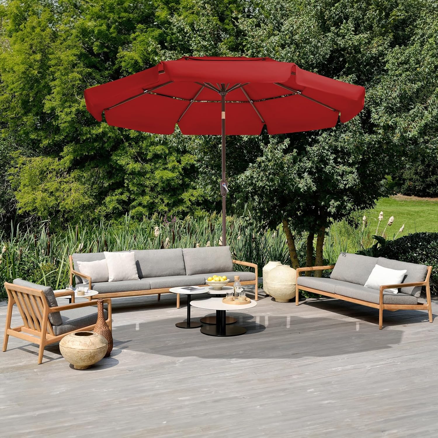 JEAREY 3 Tiers 9 FT Patio Umbrellas Outdoor Table Umbrella with Push Button Market Umbrella 8 Sturdy Ribs UV Protection Waterproof for Garden,Red