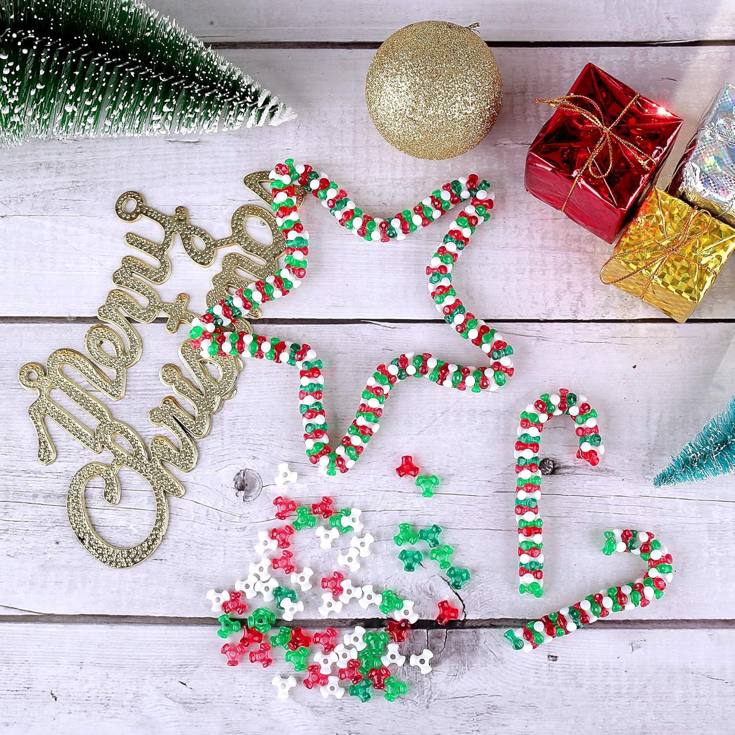 GREENTIME 1000pcs Christmas Tri Beads Ornaments Kit - Red, Green, White Triangle Beads for Candy Cane Ornament Craft, Wreath, Xmas Holiday Tree Decorations - Image 3