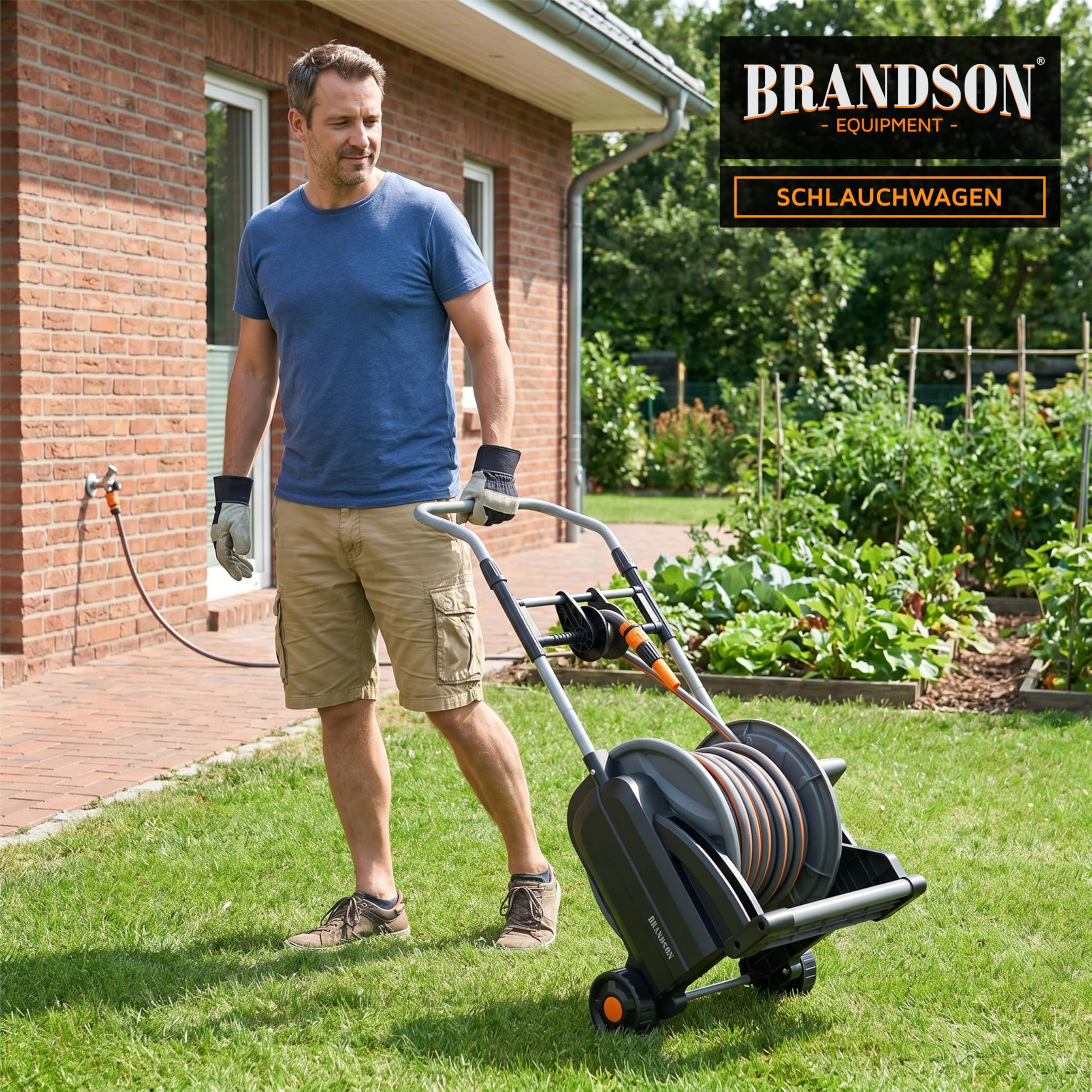 Brandson - Garten Schlauchwagen mit Schlauch/Schlauchtrommel inkl. Gartenschlauch 25 m + 2 m Schlauch plus Zuleitung – 3/4 Zoll - automatische Schlauchführung - Aufrollhilfe – Gardena kompatibel