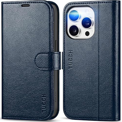 Miniatura 10 de TUCCH Funda para iPhone 15 Pro con correa para la muñeca, bloqueo RFID 4 ranuras para tarjetas Funda magnética atril, piel sintética a prueba de