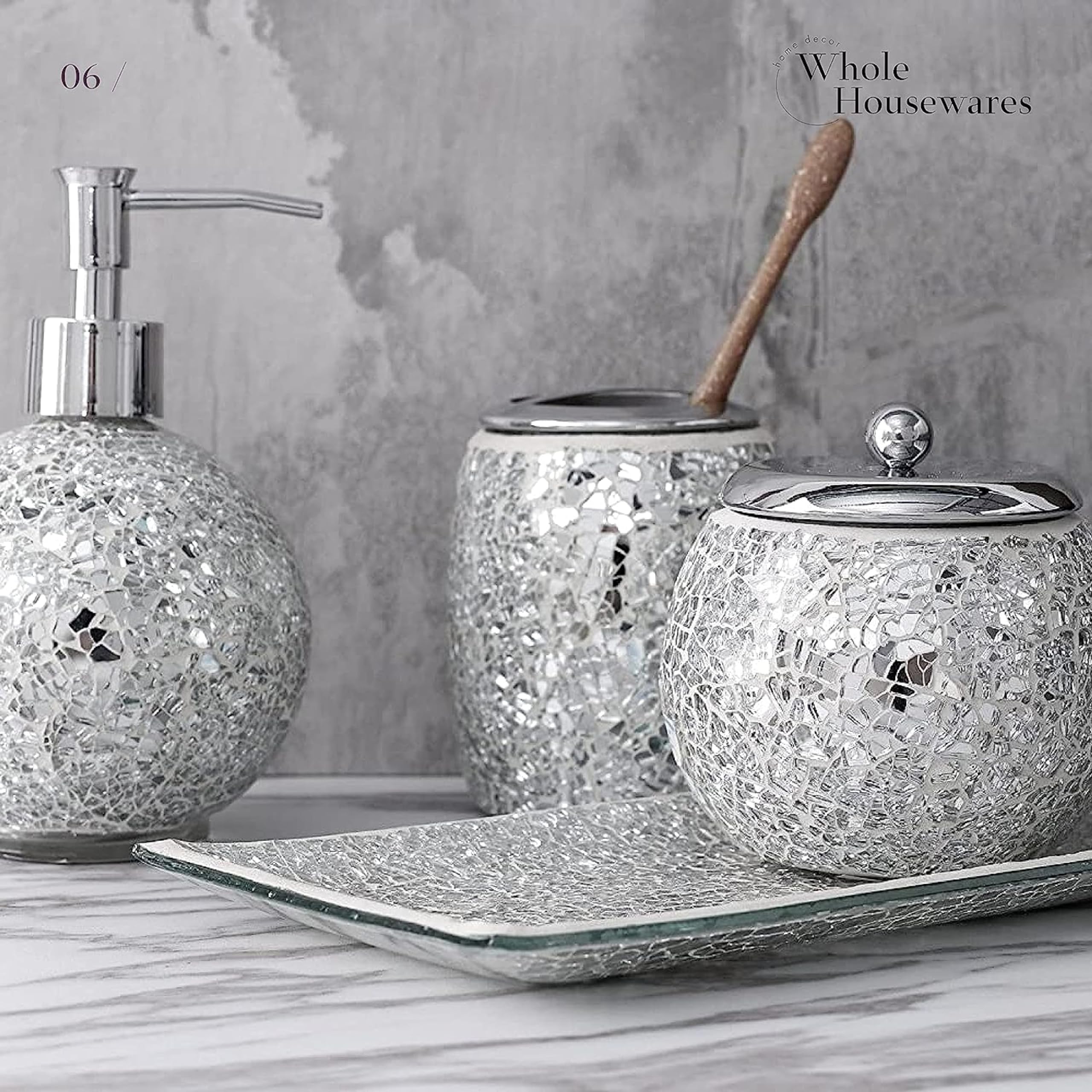 Sanbege Set di 4 accessori da bagno in vetro mosaico, set moderno di lusso, include dispenser di sapone, barattolo per tamponi di cotone, portaspazzolino, vassoio da trucco (blu lucido