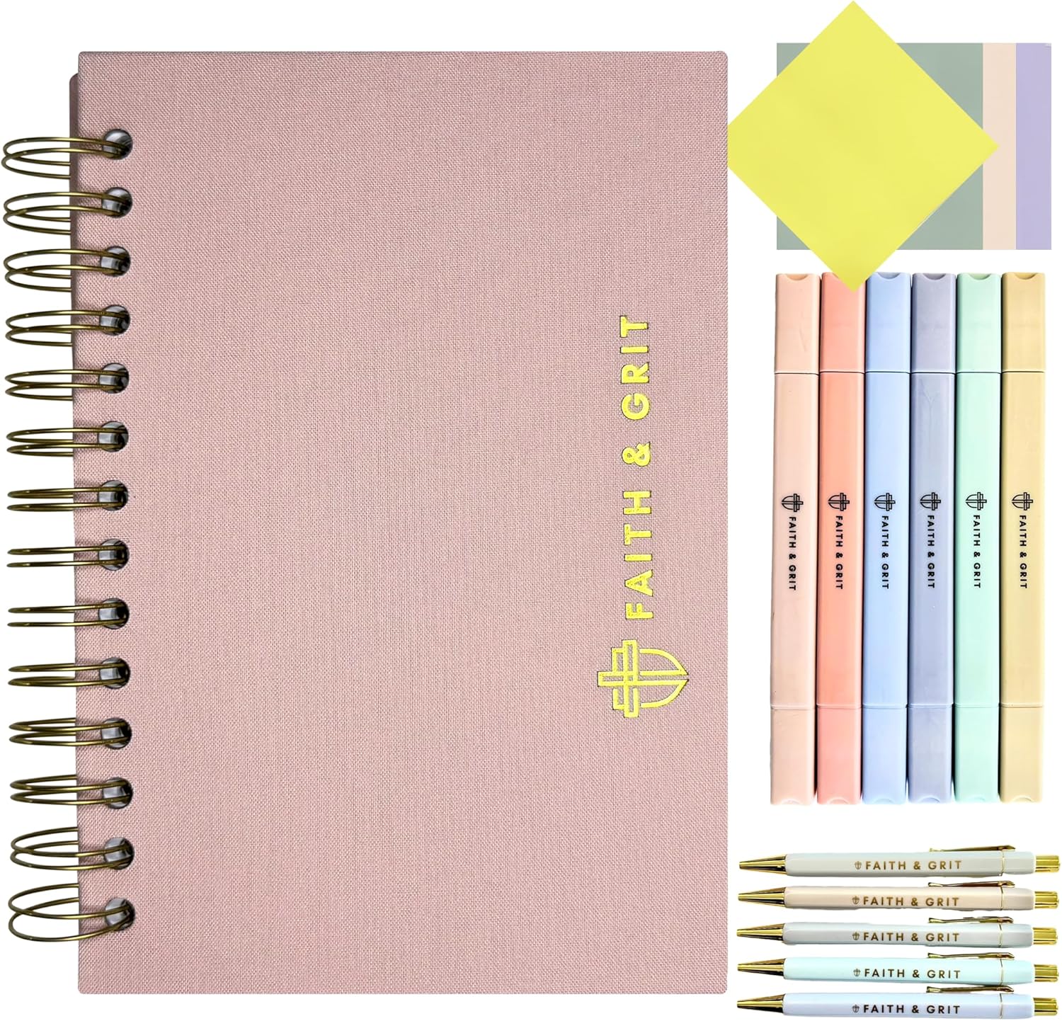 Faith & Grit – Boutique Bible Study Supplies – Journal Kit/Gift Set- Bible Highlighters, Luxury Pens, Transparent Sticky Notes, A5 Spiral Journal for Bible Studies, Christian Gift for Women or Teens
