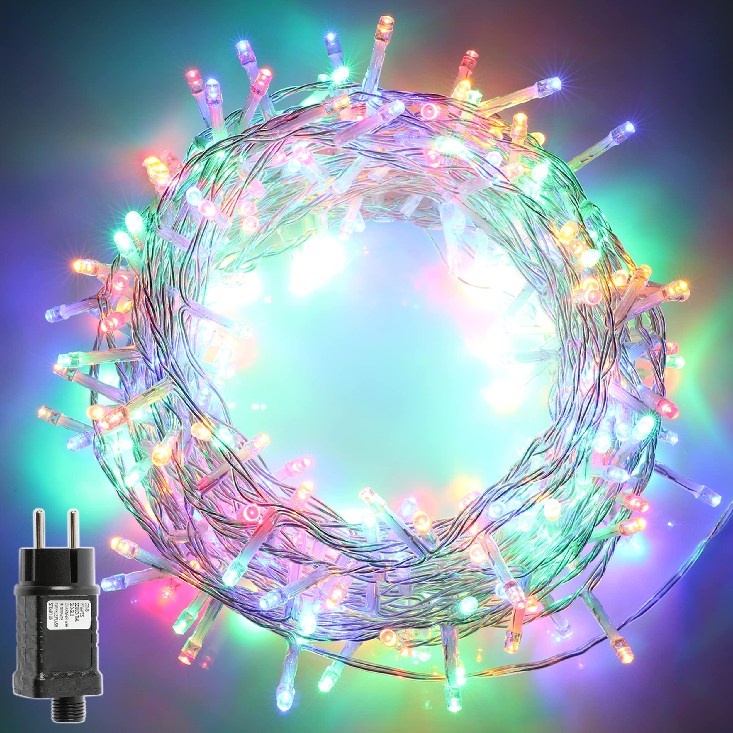 H HANSEL HOME Guirnalda Luces Led de Navidad Luces de Árbol de Navidad Uso Interior/Exterior IP44 Impermeable Cable Transparente (Luz Multicolor, 100 Leds 5M)