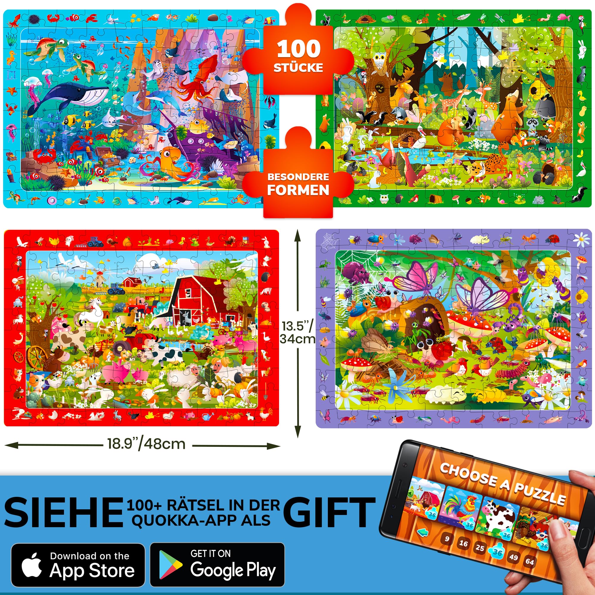 QUOKKA Puzzle ab 3 4 5 Jahre für Kinder - 4x100 Teile Puzzle ab 5 6 für Jungen und Mädchen - Suchen & Finden Kinderpuzzle Spiele mit Tiere & Insekten - Geschenk Spielzeug für Kinder 6 7 8 Jahre