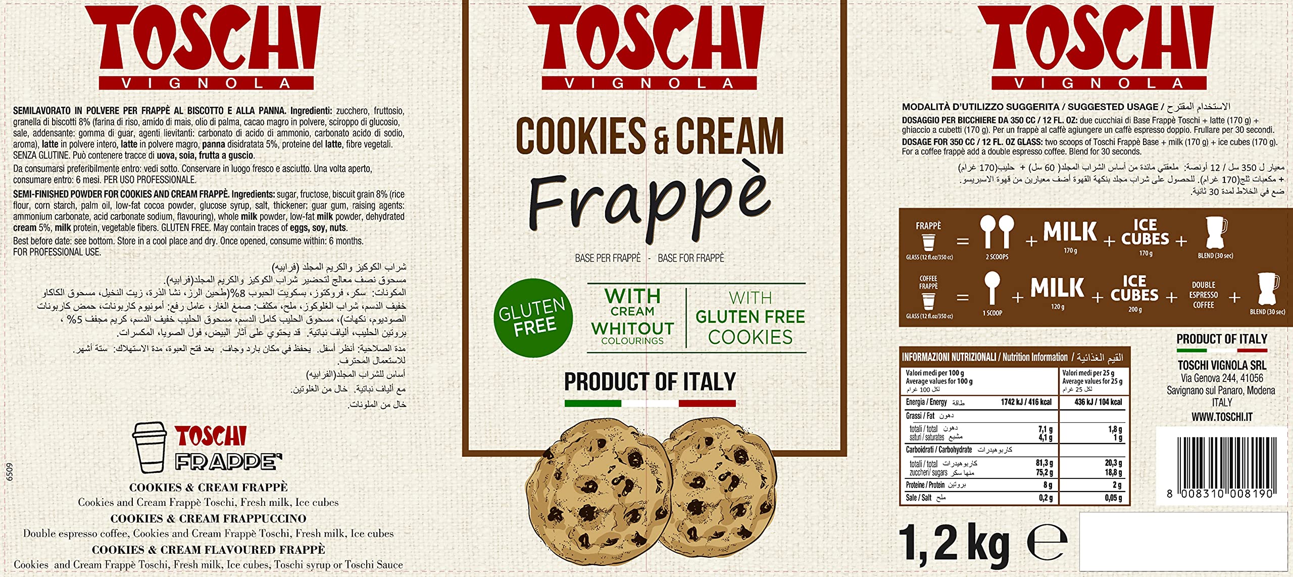 Frappè al Biscotto e Panna Toschi, base in polvere 1,2 Kg per la preparazione di 25/50 Bicchieri di Frappè