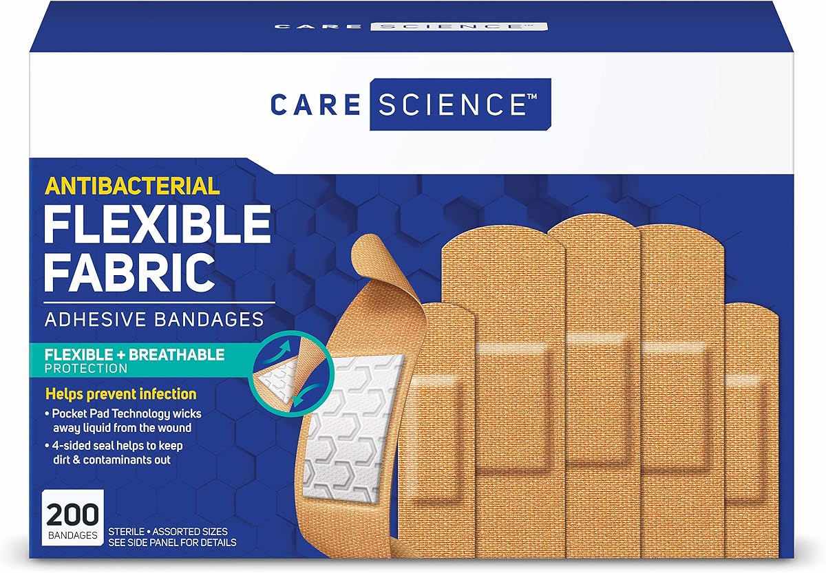 Vendajes adhesivos de tela Care Science, tamaños variados, 200 unidades | Protección flexible + transpirable para primeros auxilios y cuidado de heridas.