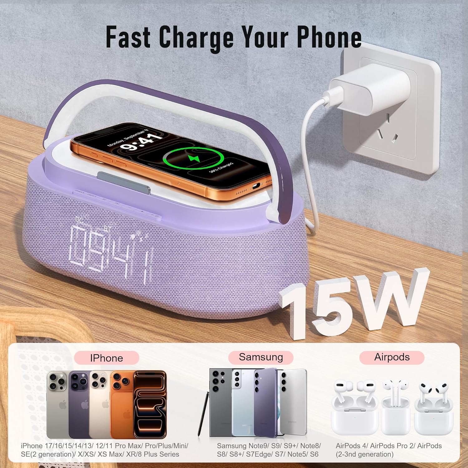 FREEFISH Bluetooth Speaker with Wireless Charger, FM Radio, Dimmer Night Light, Phone Holder, Wireless Charging Speakers for iPhone Samsung, Bedrooms Home Office Gifts