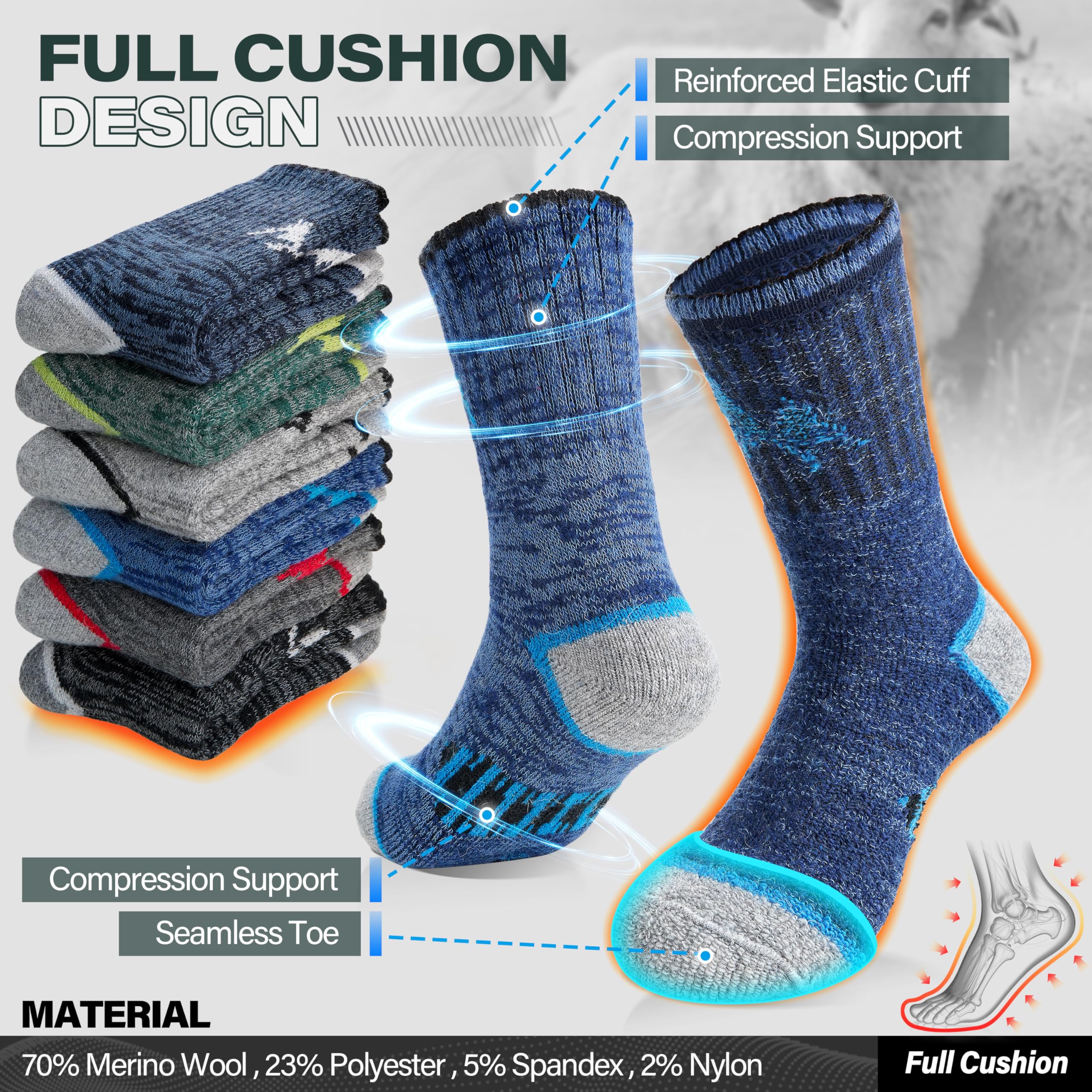 ANTSANG Chaussettes Marche Randonnée Laine Mérinos Enfants Garçons Filles Tout-petits Thermiques Chaudes Hiver Épaisses Rembourrées Neige Ski Crew Chaussettes Bas