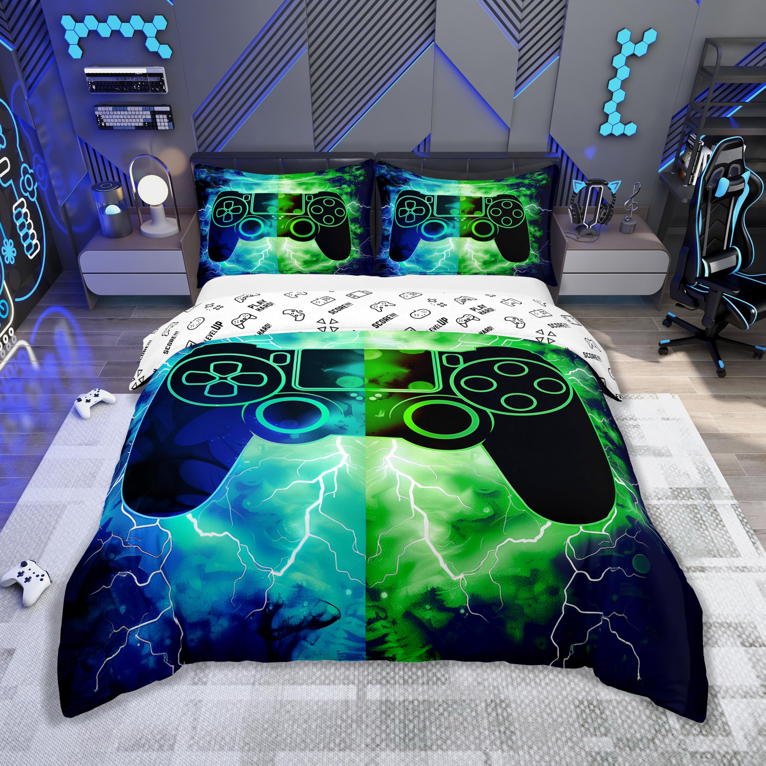 Loussiesd Gamer Gaming 100% Baumwolle Bettwäsche Set 135x200cm Blitze Gamepad Betten für Spielkonsole Betten Grün Blau Modern Bettwäsche-Set