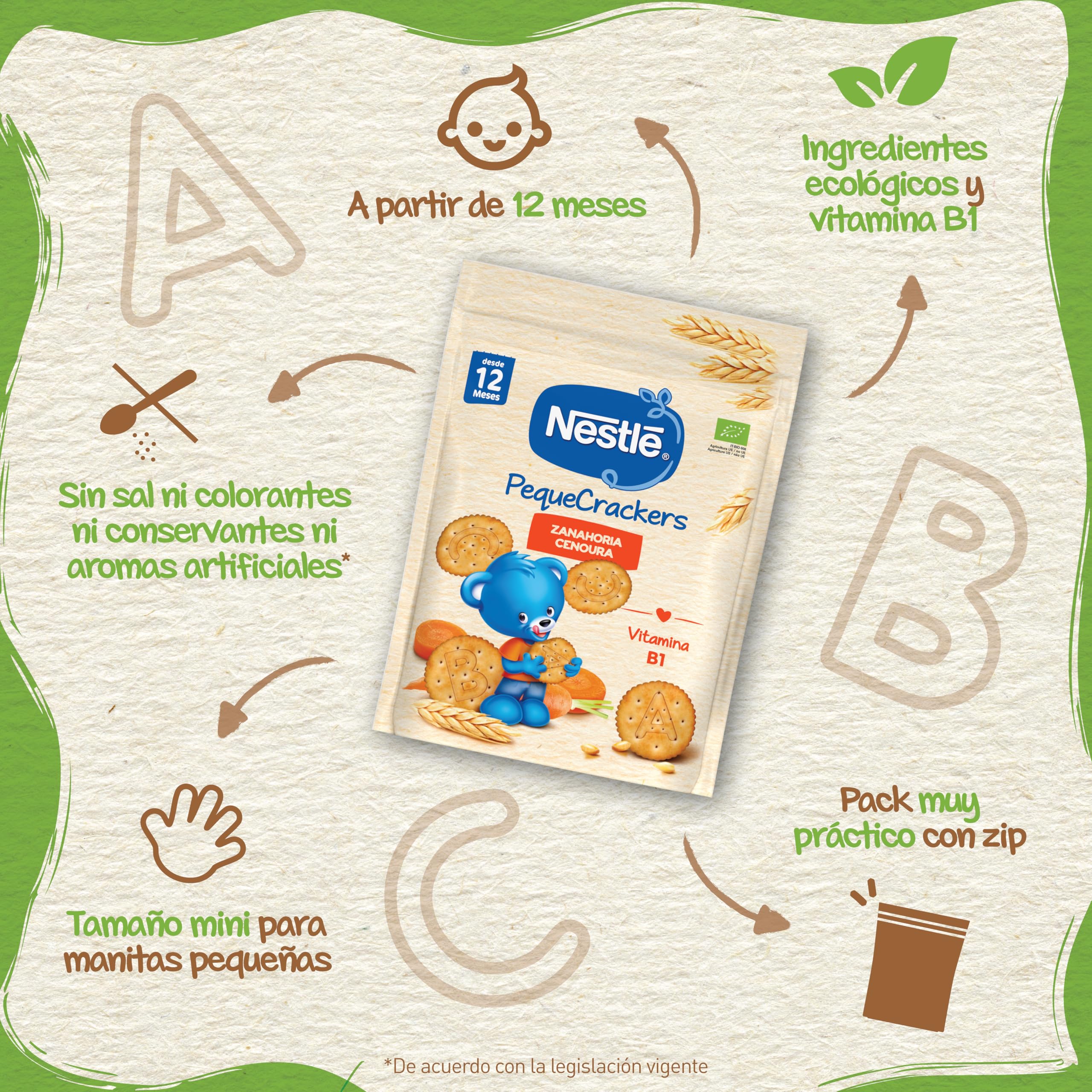 NESTLÉ PequeCrackers Zanahoria, para bebés desde 12 meses, 6 bolsas de 100g