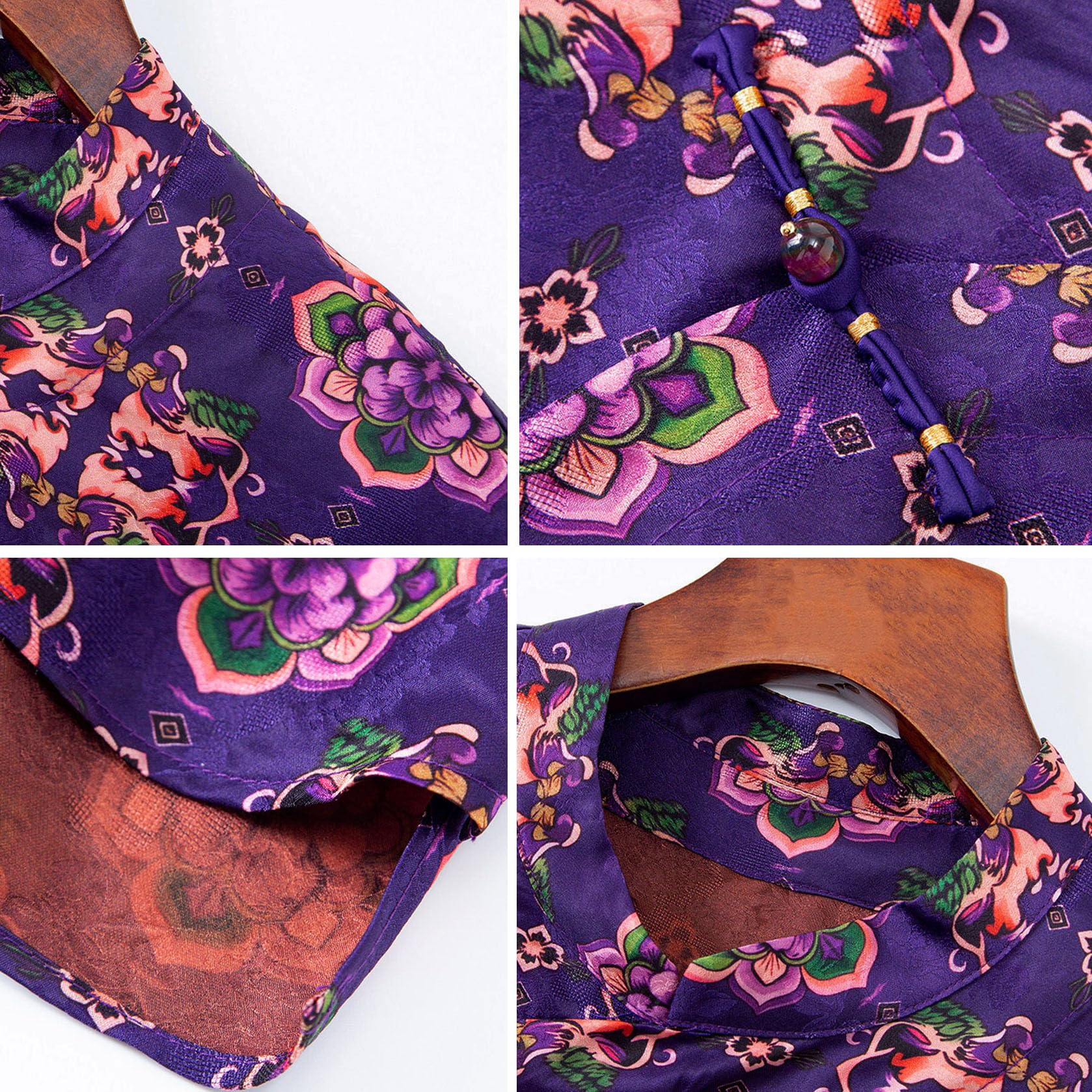 HangErFeng Damska jedwabna żakardowa fioletowa Baoxianghua Mandarin Duck Print asymetryczna bluzka z wysokim stanem 649
