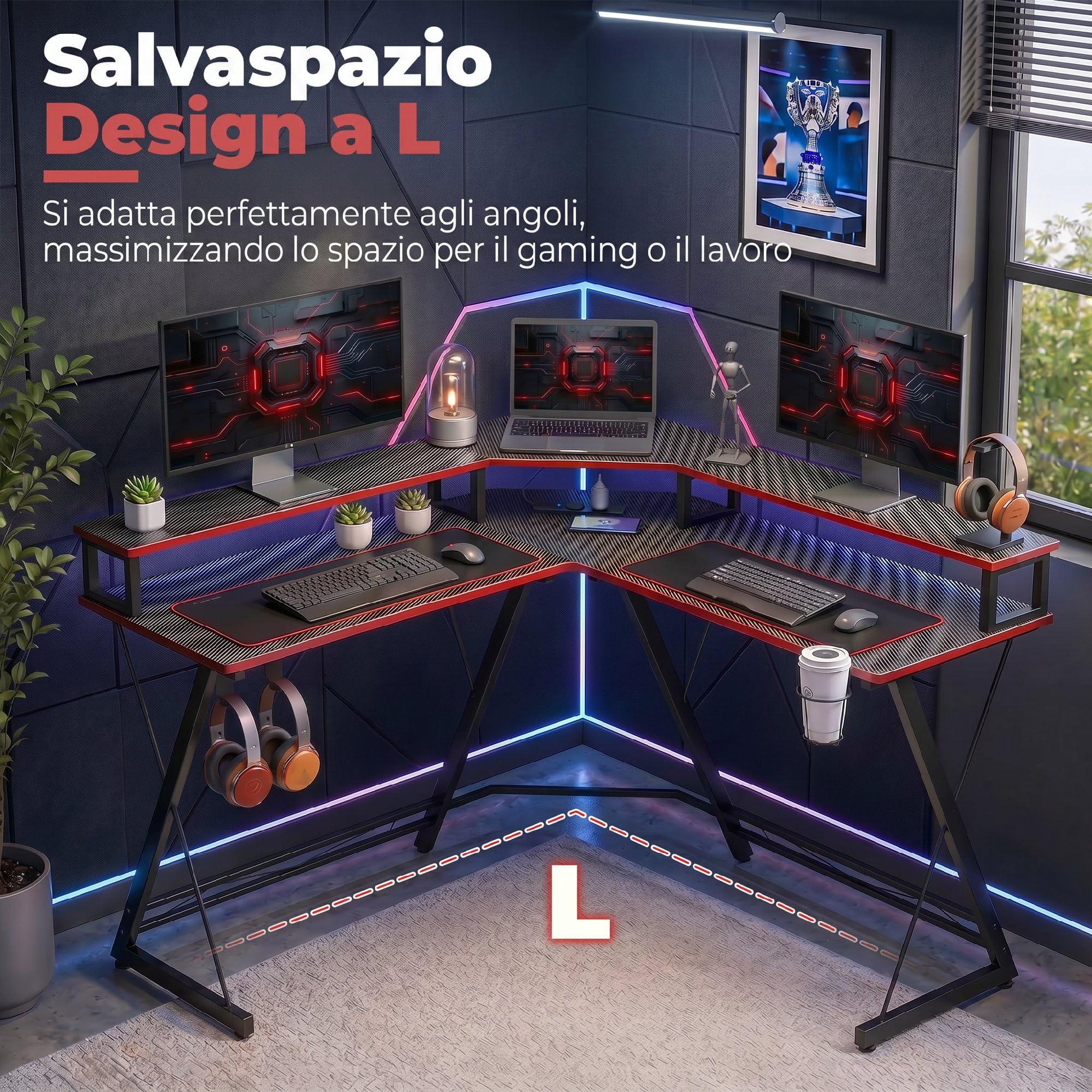 HOMCOM Scrivania Gaming Angolare Tavolo ad L 128x128cm Nero Carbonio | Stazione di Ricarica, Supporto per PC, Gancio per Cuffie, Portabicchieri, Computer Ufficio Studio