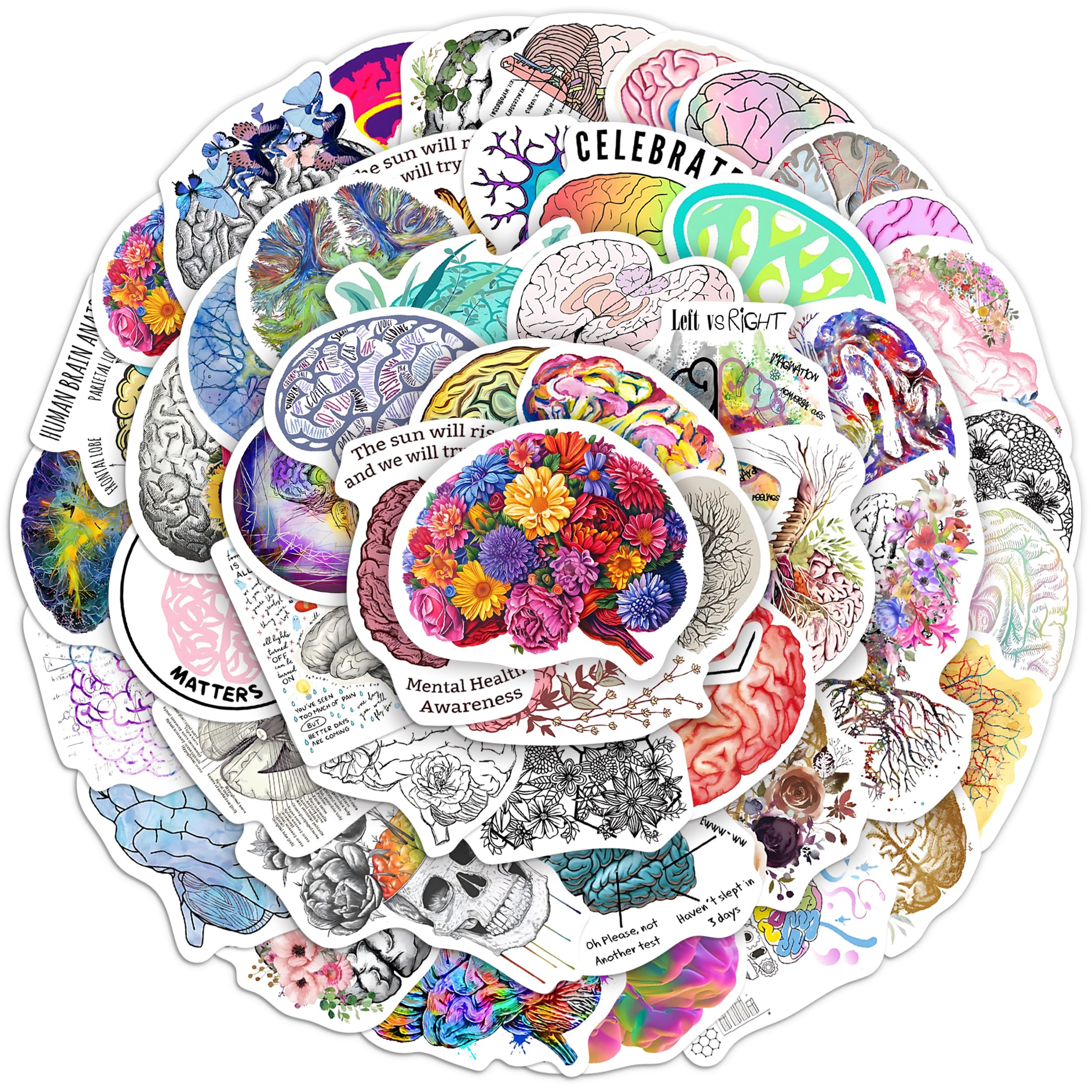 50 Pcs Creative Colorful Brain Aesthetics Stickers for Water Bottle, Fun Vinyl Waterproof Laptop Decals for Adults Kids, Luggage Mugs Helmet Phone