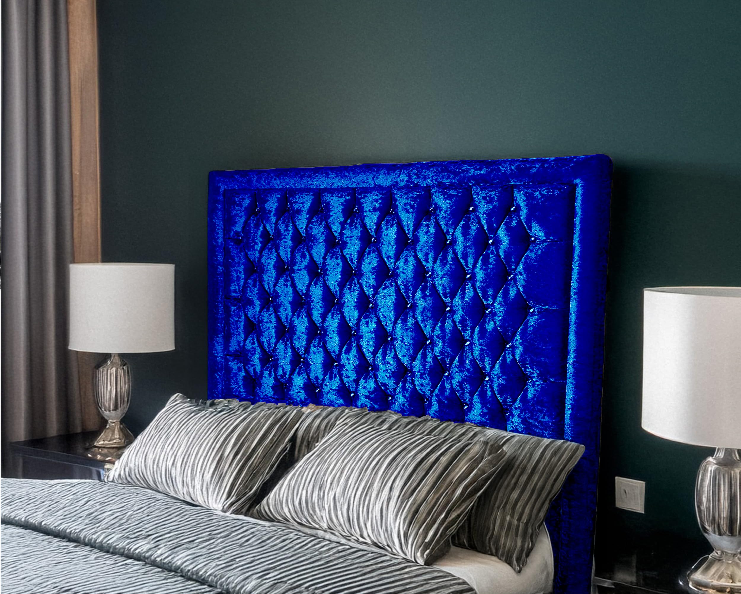 luxisleepltd Alton Bumper Tufted,Crystal Crushed Velvet Headboards, Single 3ft 4FT Double 4FT6 King-size 5FT and Super King 6FT Upholstered Headboard Divan bed frame (Blue, King Size-90cmTall)