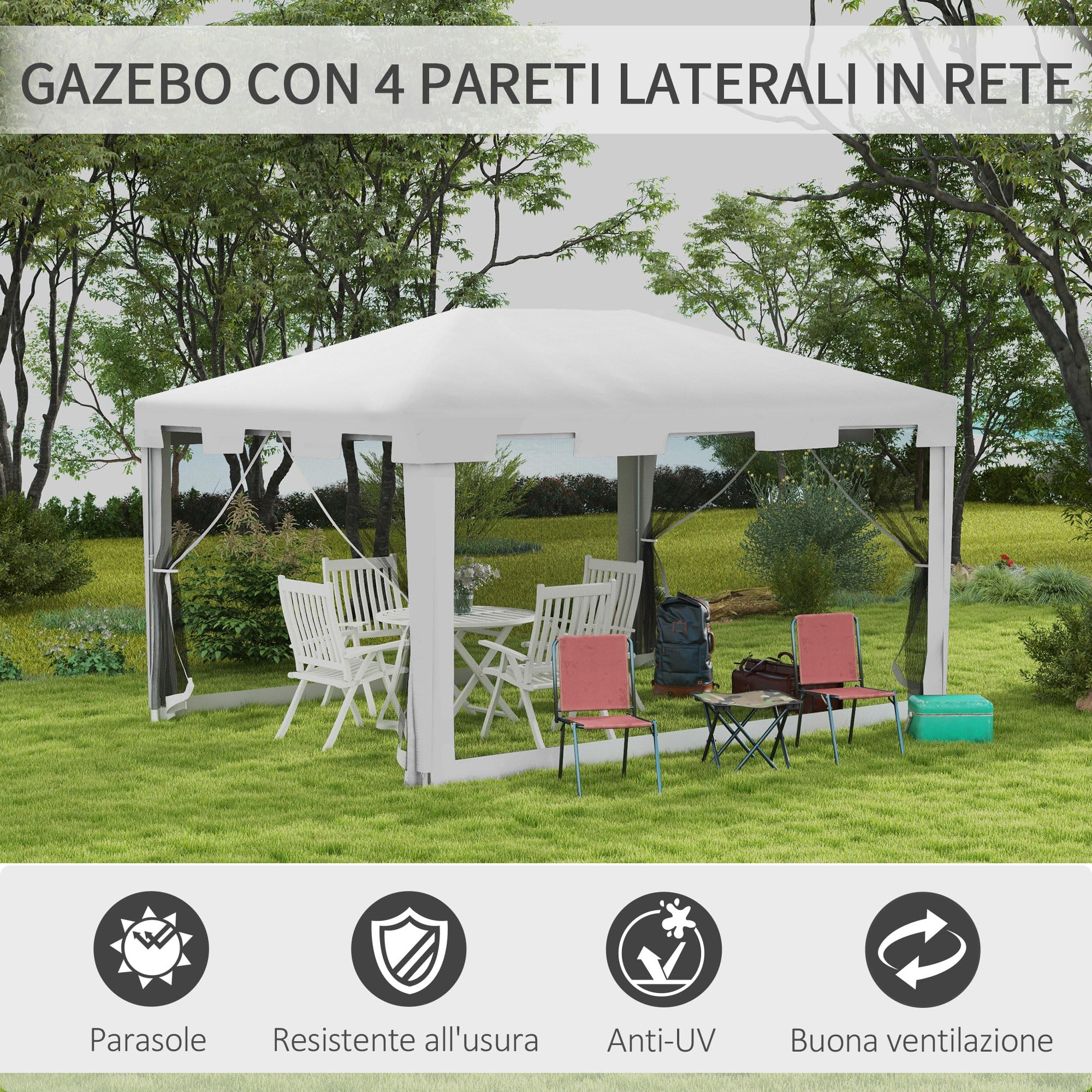 Outsunny Gazebo 4x3 m con Zanzariera e 2 Ingressi, Gazebo da Giardino in Metallo e PE, Bianco e Nero