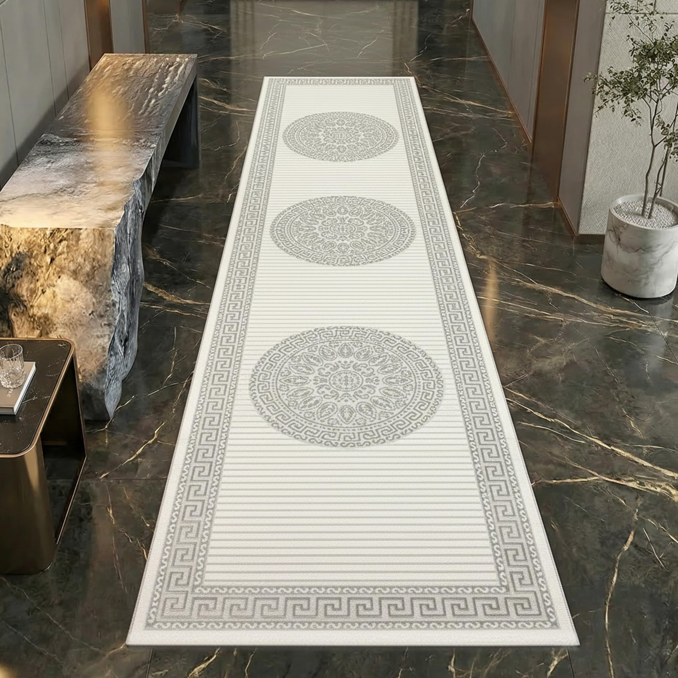 Teppich-Traum Kurzflor Teppich Orient Ornamente Creme Grau 80x300 cm | Pflegeleicht, strapazierfähig, schmutzabweisend, fußbodenheizungsgeeignet, OEKO-TEX geprüft, mit Glanzeffekt, 8 mm Flor