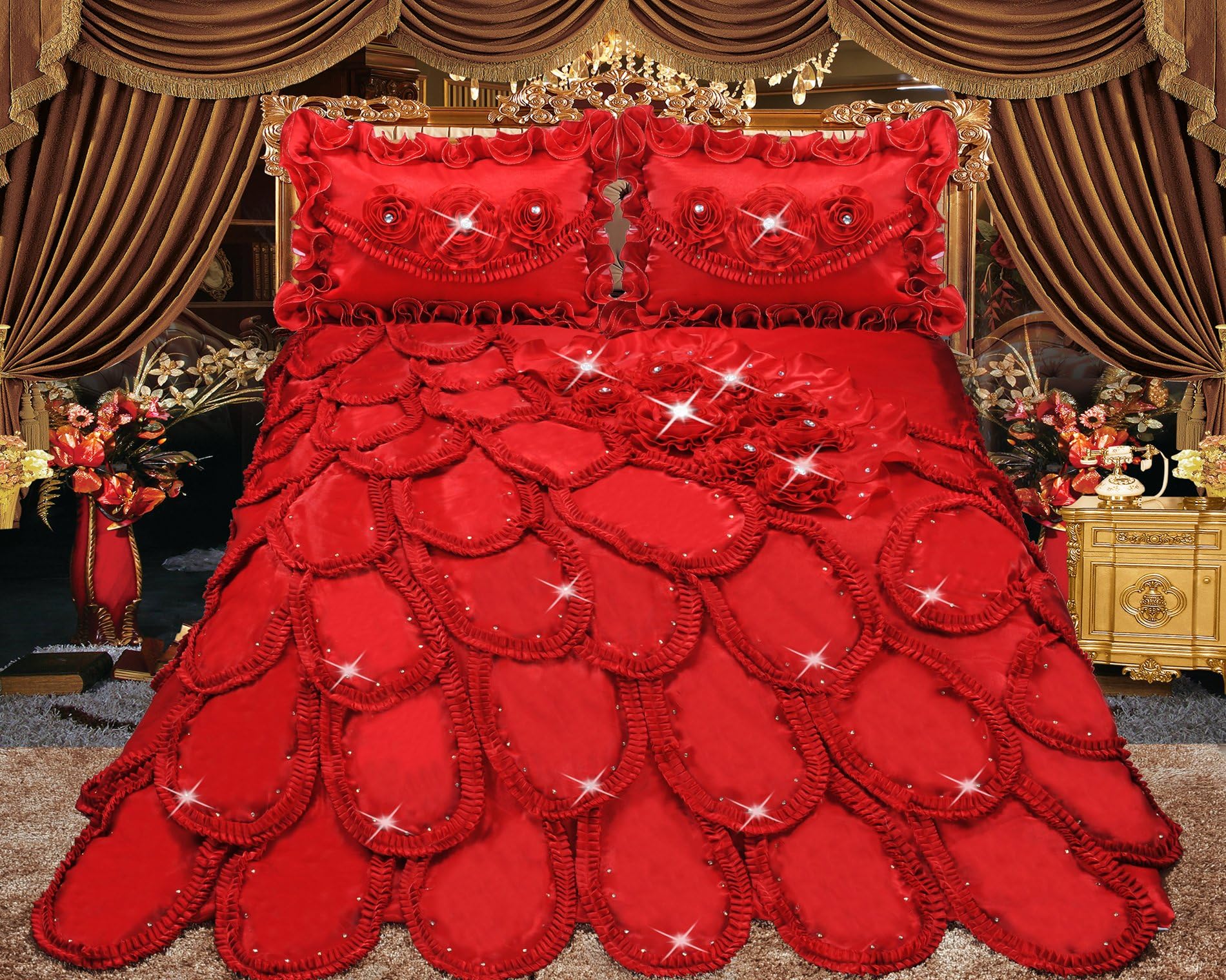 Luxury Customized Handmade Sweet Romantic Princess European Lolita Fancy Organza Bow Lace Ruffel Anniversary Valentine Wedding Dress Bedding Comforter Set Red with 3D Rose (KING)