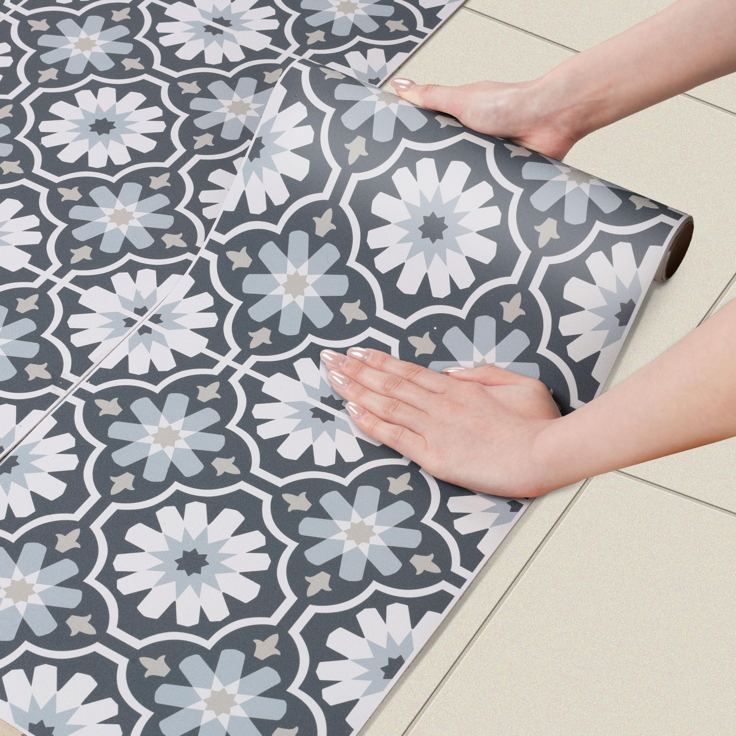 FunStick Piastrelle adesive per pavimenti in vinile blu e grigio, impermeabili, 30,5 x 360,7 cm, motivo floreale, per bagno, affittuari, camper, camera da letto, rotolo adesivo per pavimenti