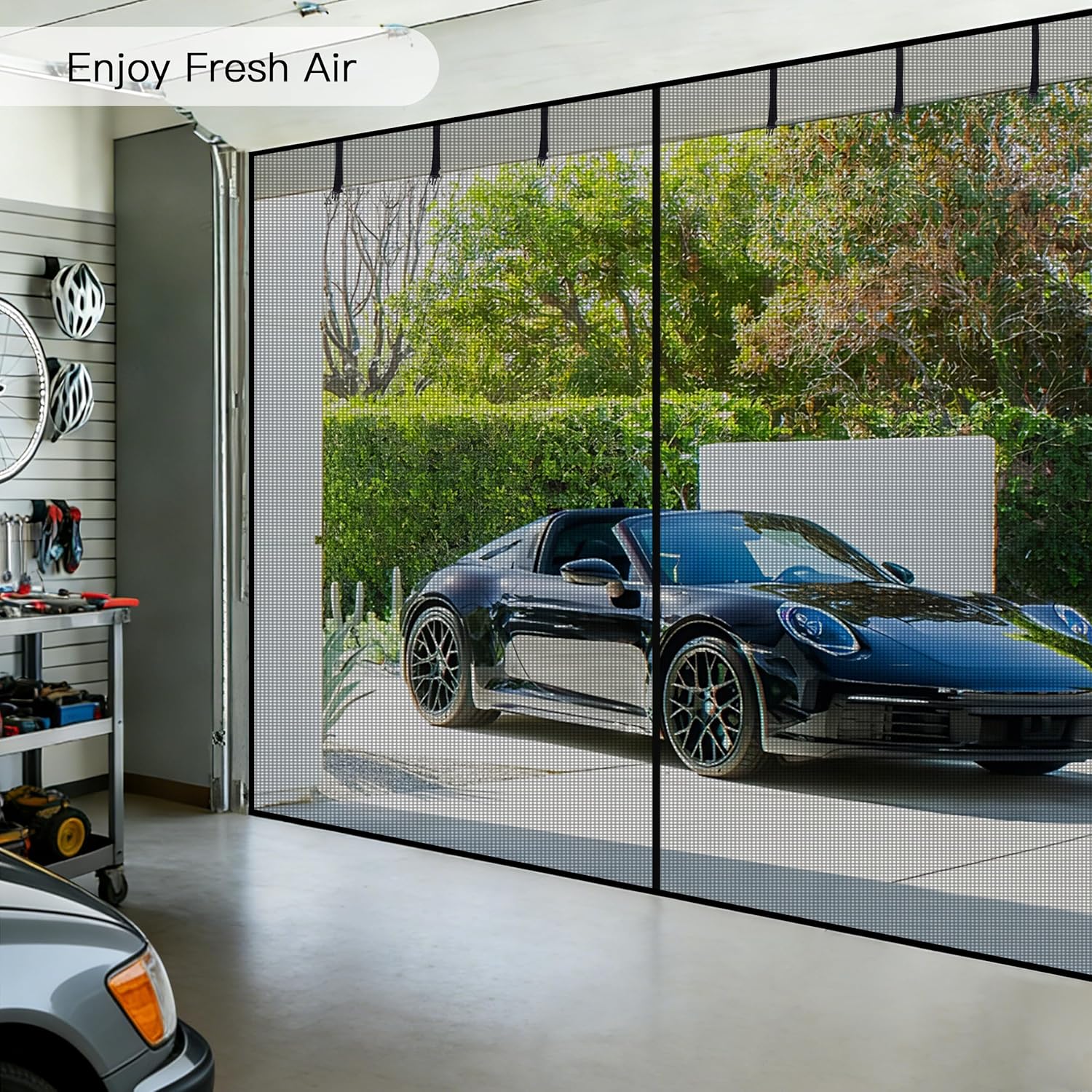 Sunolga Magnetic Garage Door Screen for 1 Car 10x10 FT, Reinforced Polyester Magnetic Screen Door with 26 High Energy Magnets and 6 Strapping Tapes, Hands-Free Screen Door Mesh for Garage Door Black