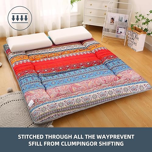 Miniatura 6 de Colchón japonés retro bohemio, tapete vintage de tatami floral, colchón futón enrollable portátil para invitados, Tavel (C, Queen 80 x 60 pulgadas)