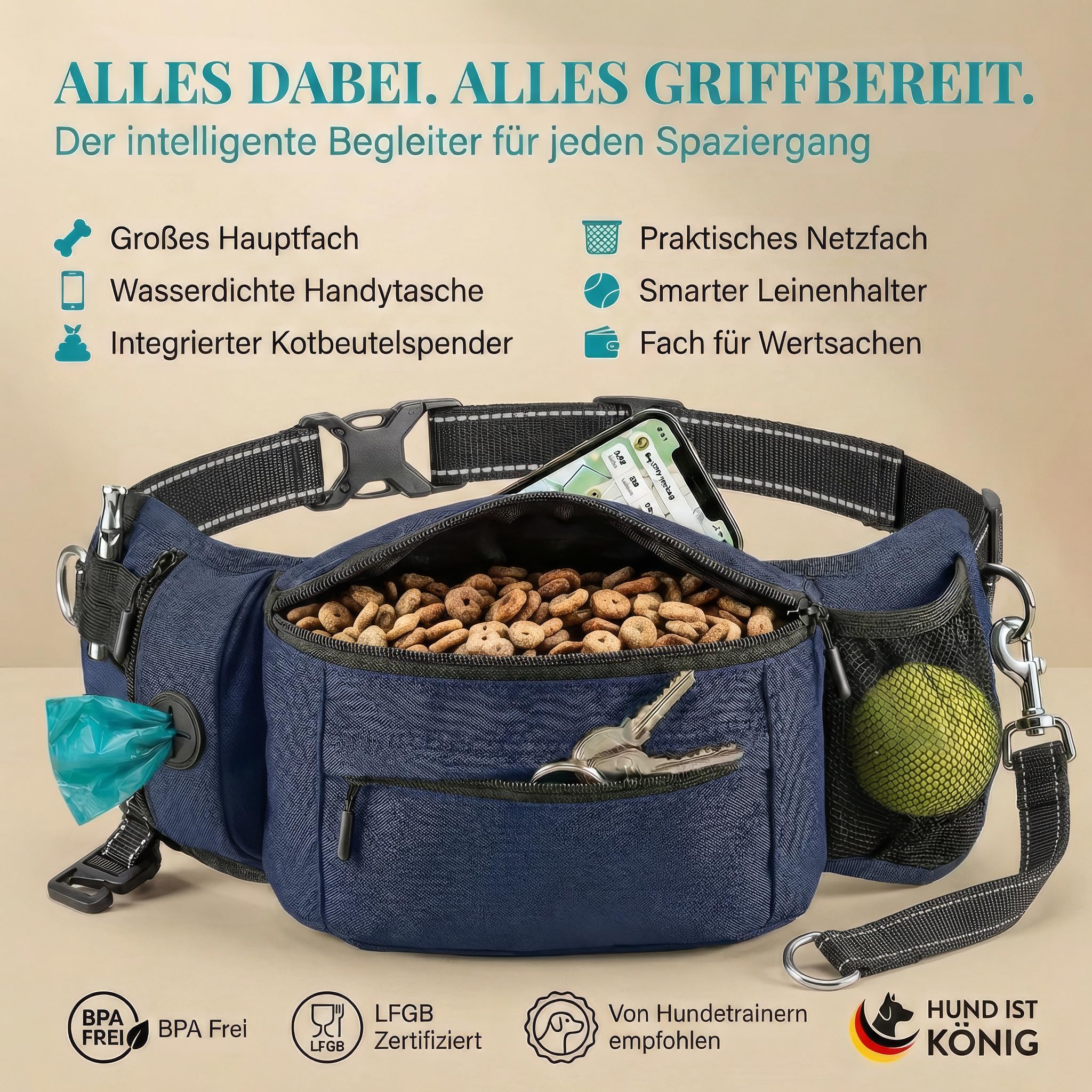 HUND IST KÖNIG Sac à friandises pour chien - Friandises et accessoires pour chien - Sac banane robuste pour chien - Avec distributeur de sacs à déjections canines, compartiment pour téléphone portable