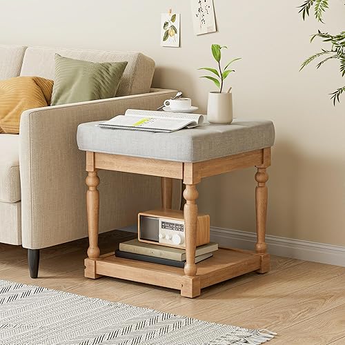 Miniatura 20 de UEV Juego de 3 mesas de café otomanas, juego de mesa de madera para sala de estar, incluye 2 mesas auxiliares tapizadas, mesita de noche, patas de